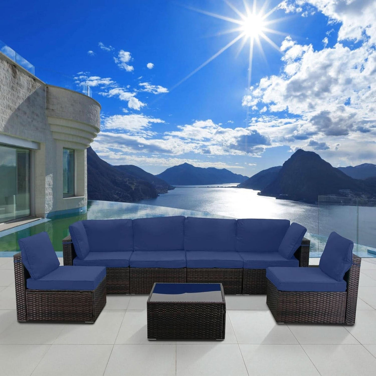 7 Piece Outdoor Patio Furniture Set Rattan Sectional