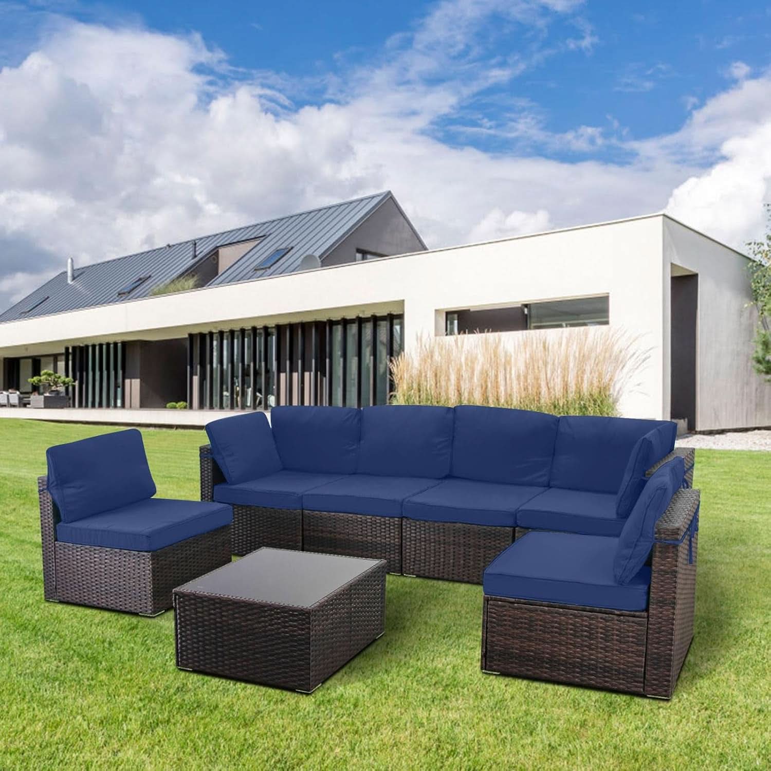 7 Piece Outdoor Patio Furniture Set Rattan Sectional