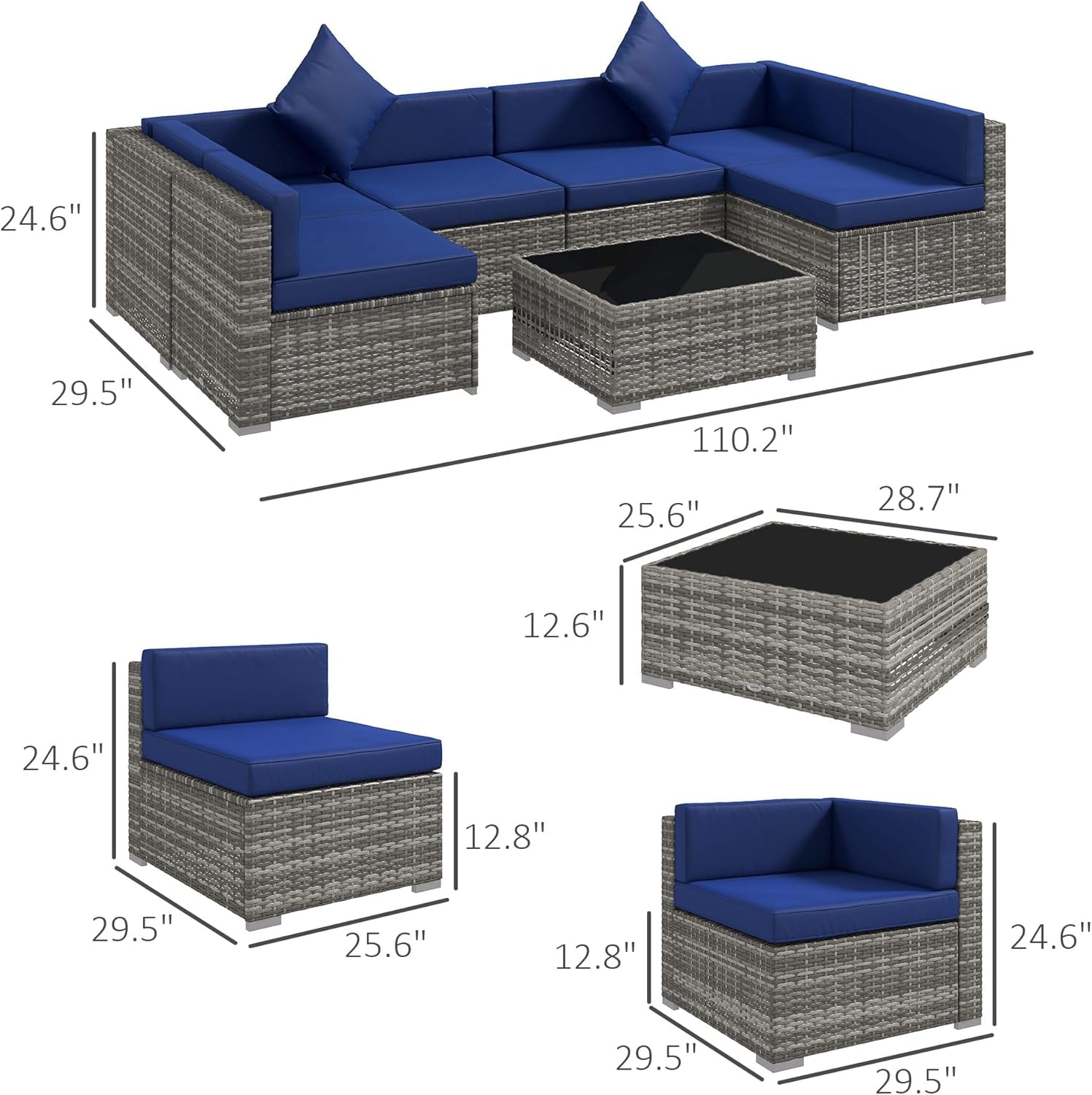 7 Piece Outdoor Patio Furniture Set Wicker Cushions Blue