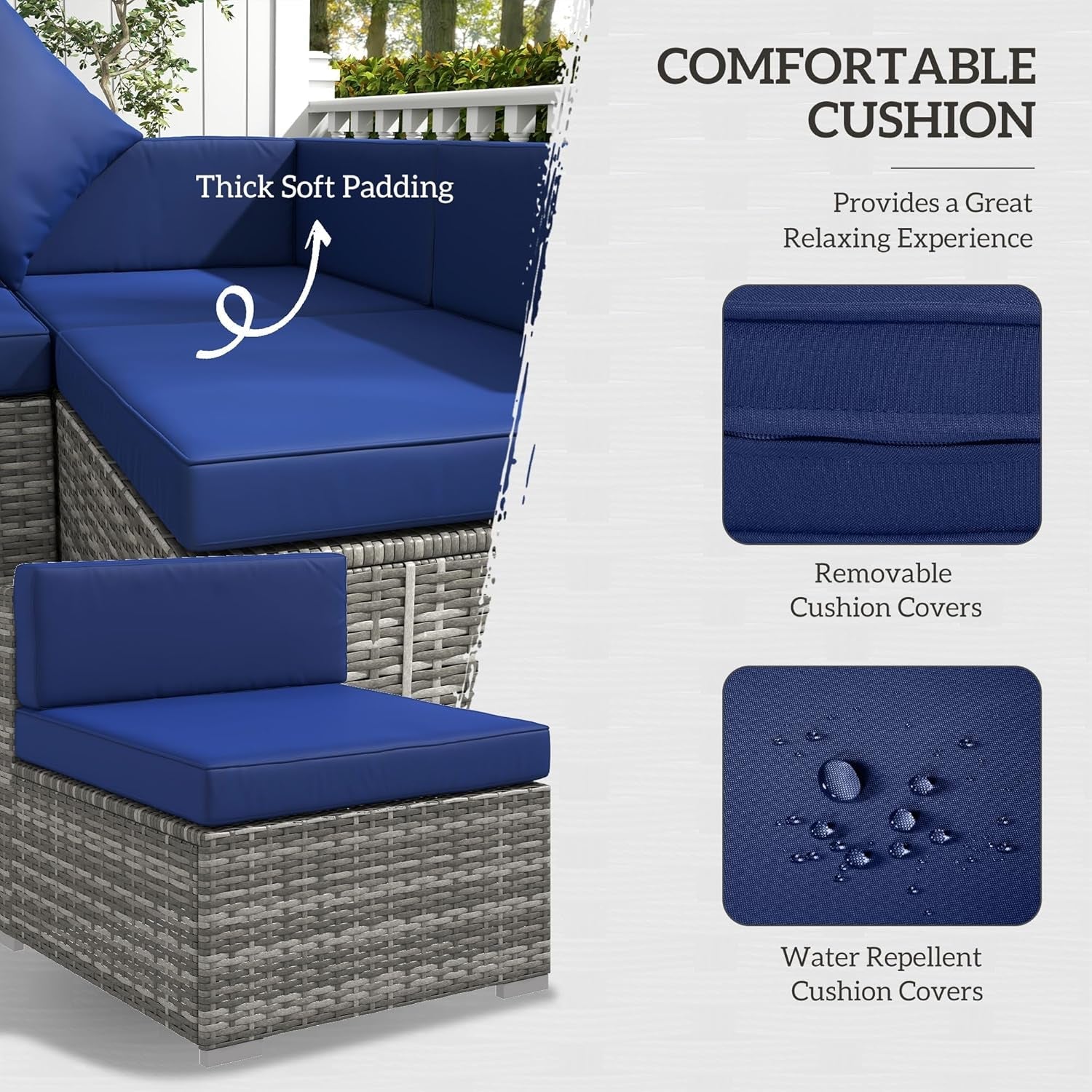 7 Piece Outdoor Patio Furniture Set Wicker Cushions Blue