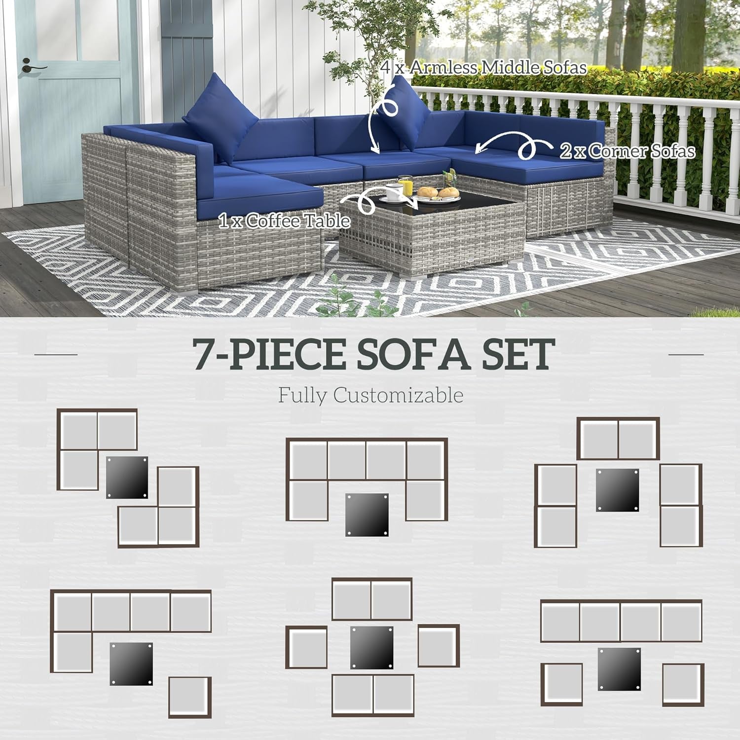7 Piece Outdoor Patio Furniture Set Wicker Cushions Blue