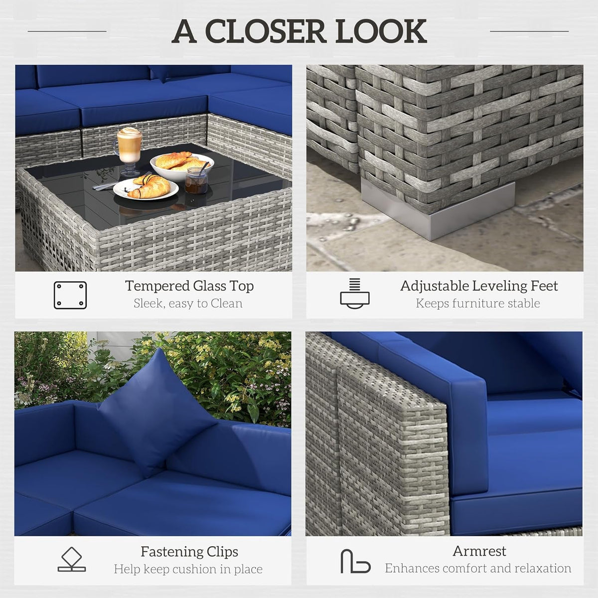 7 Piece Outdoor Patio Furniture Set Wicker Cushions Blue