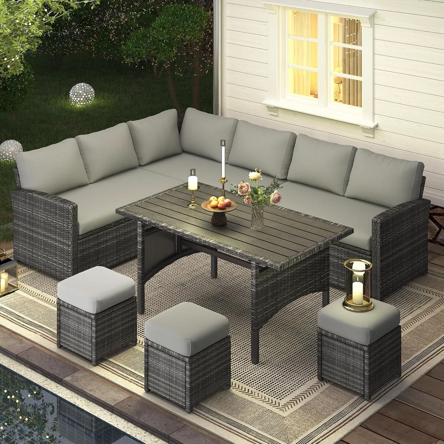 7 Piece Outdoor Patio Sectional Set All Weather Wicker Grey Cushions