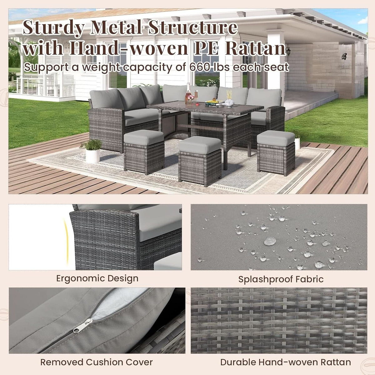 7 Piece Outdoor Patio Sectional Set All Weather Wicker Grey Cushions