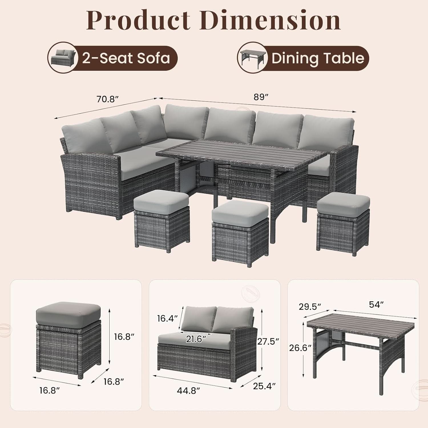 7 Piece Outdoor Patio Sectional Set All Weather Wicker Grey Cushions