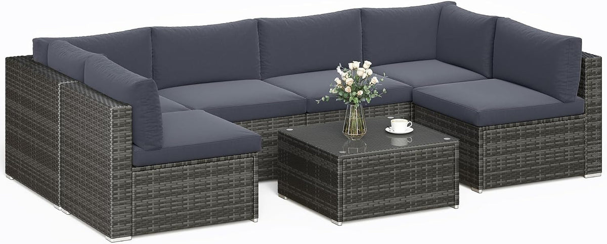 7 Piece Outdoor Patio Set All Weather Wicker Dark Grey