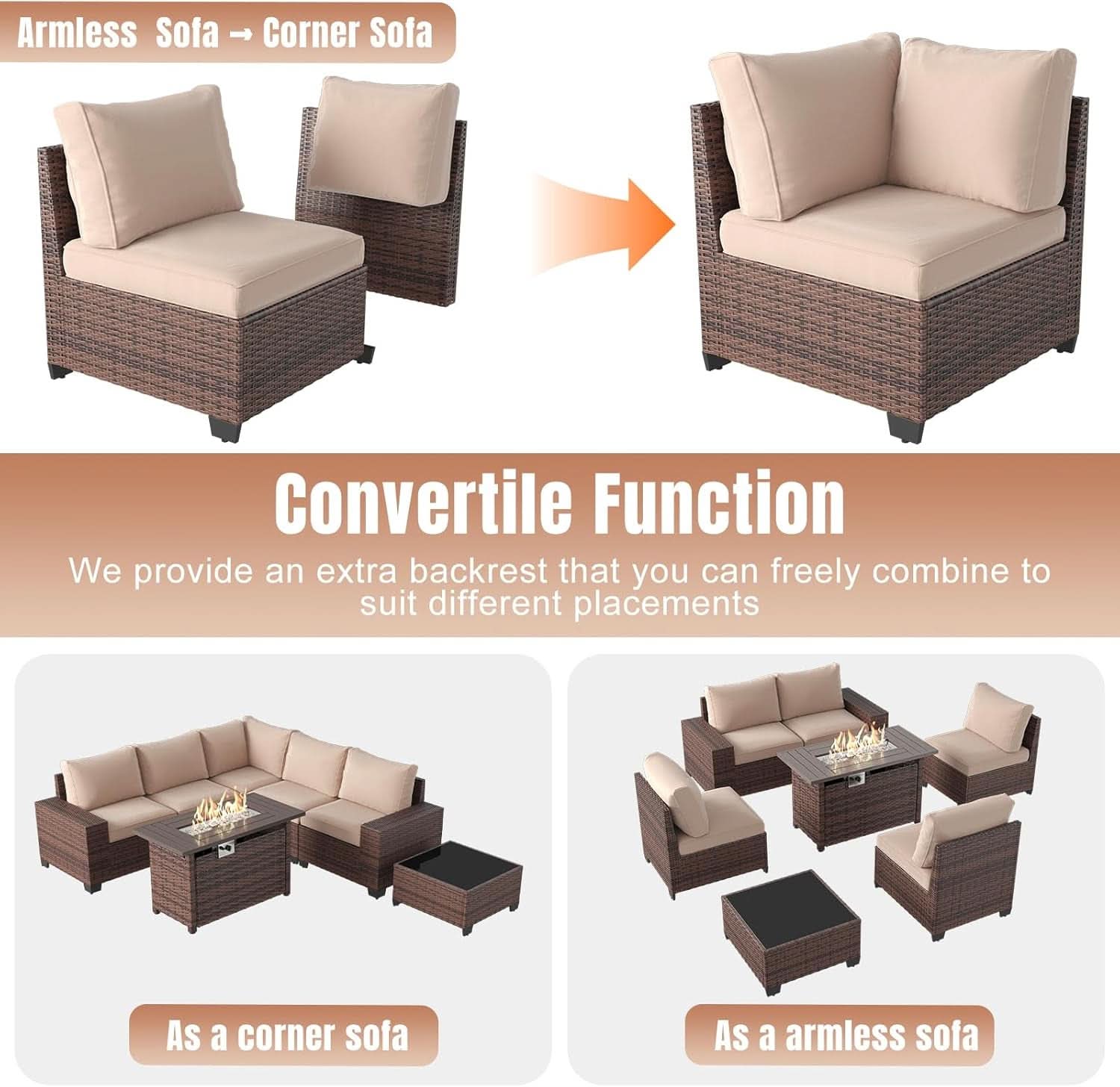7 Piece Outdoor Wicker Furniture Set with Fire Pit