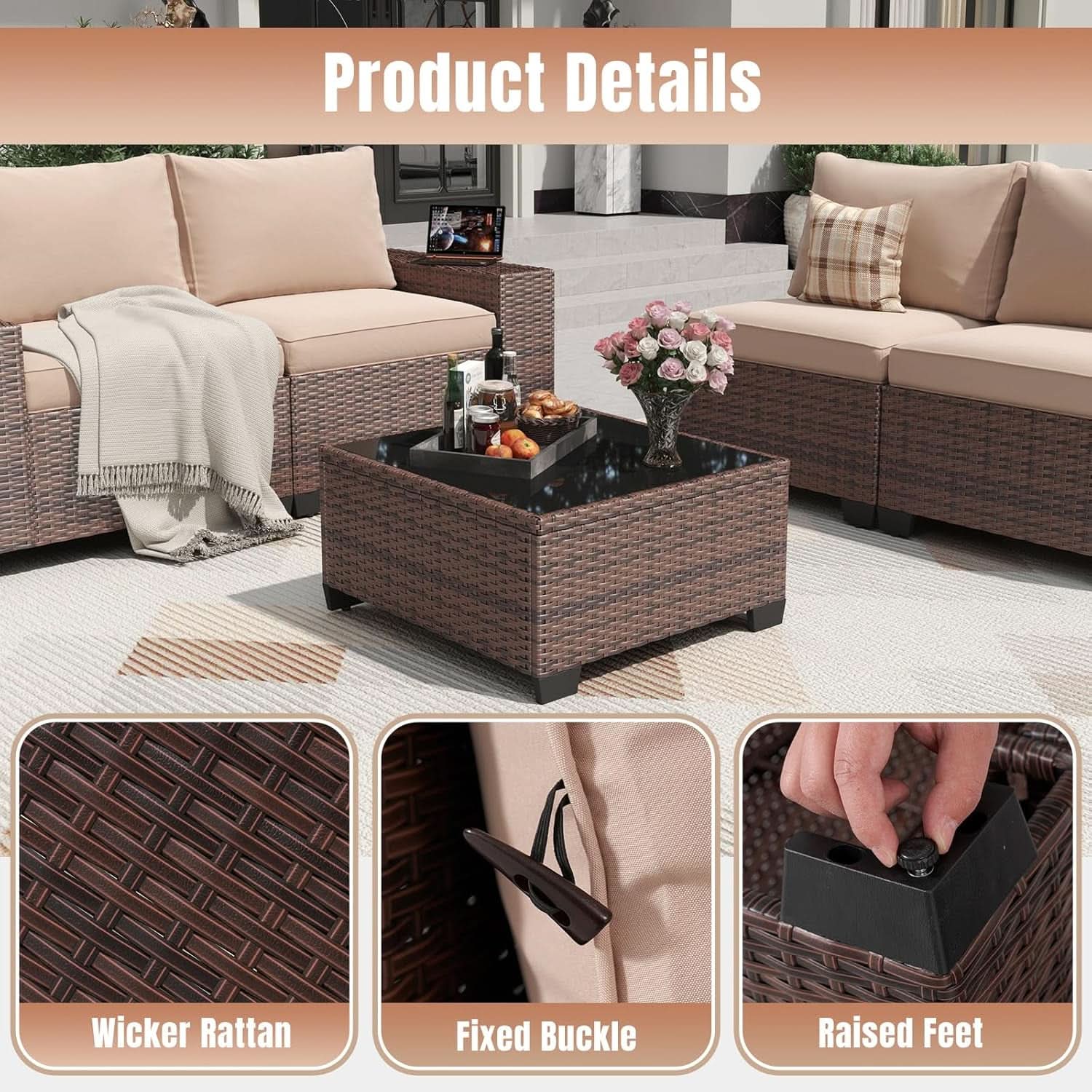 7 Piece Outdoor Wicker Furniture Set with Fire Pit