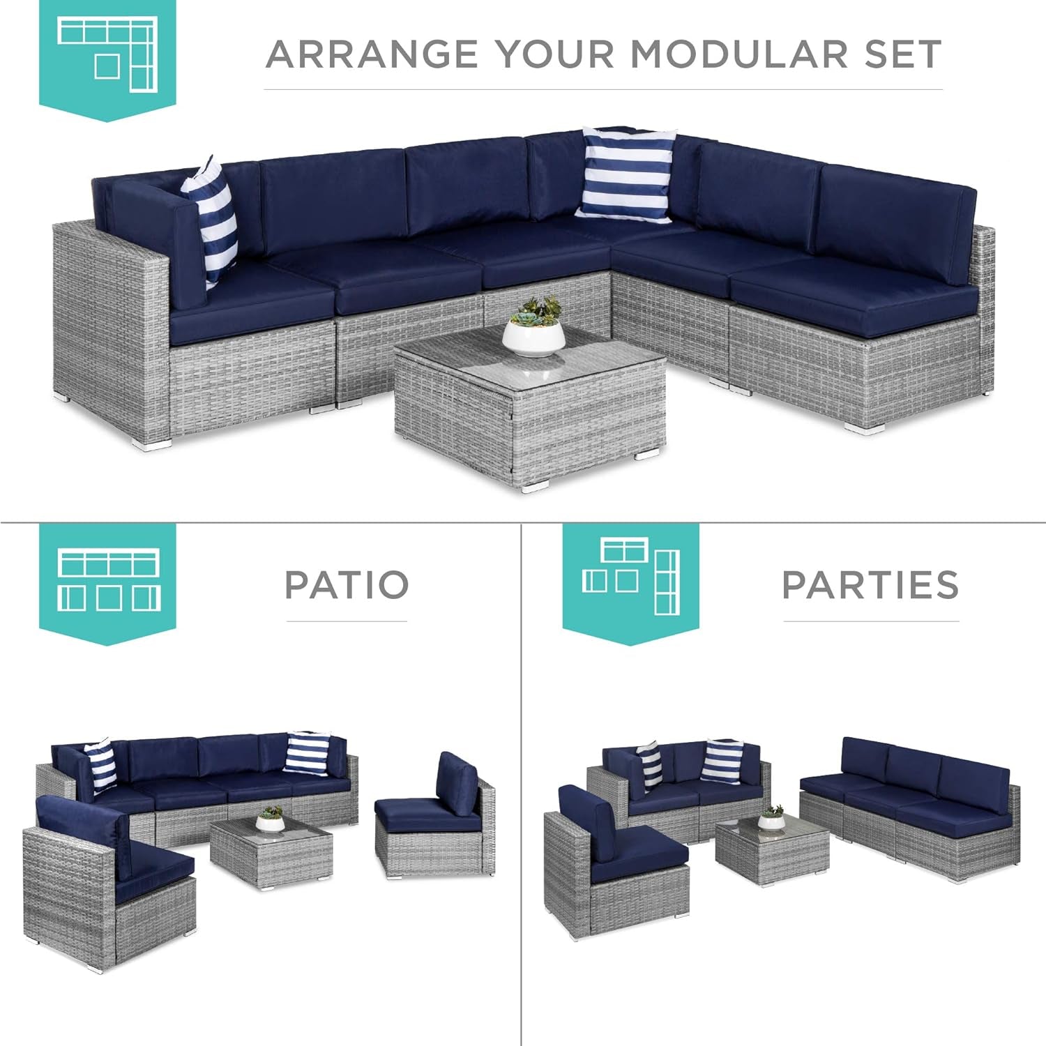 7 Piece Outdoor Wicker Sectional Set Gray And Navy