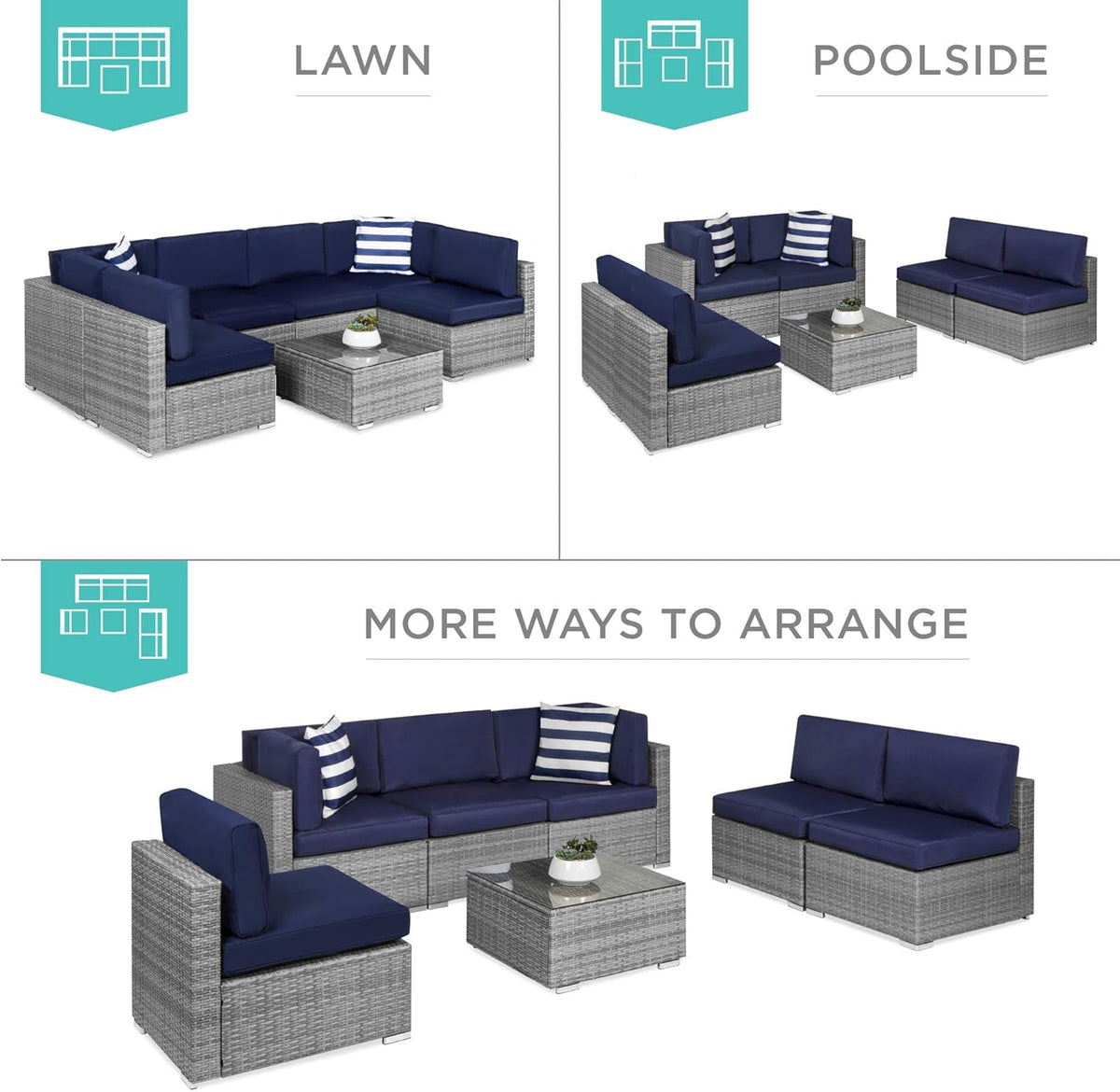 7 Piece Outdoor Wicker Sectional Set Gray And Navy