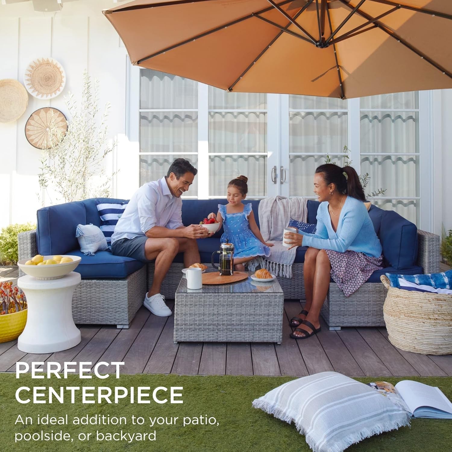 7 Piece Outdoor Wicker Sectional Set Gray And Navy