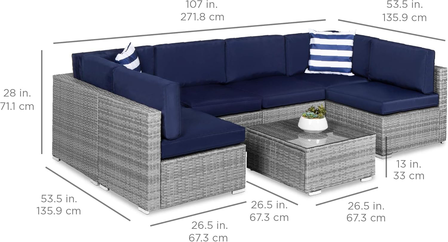 7 Piece Outdoor Wicker Sectional Set Gray And Navy