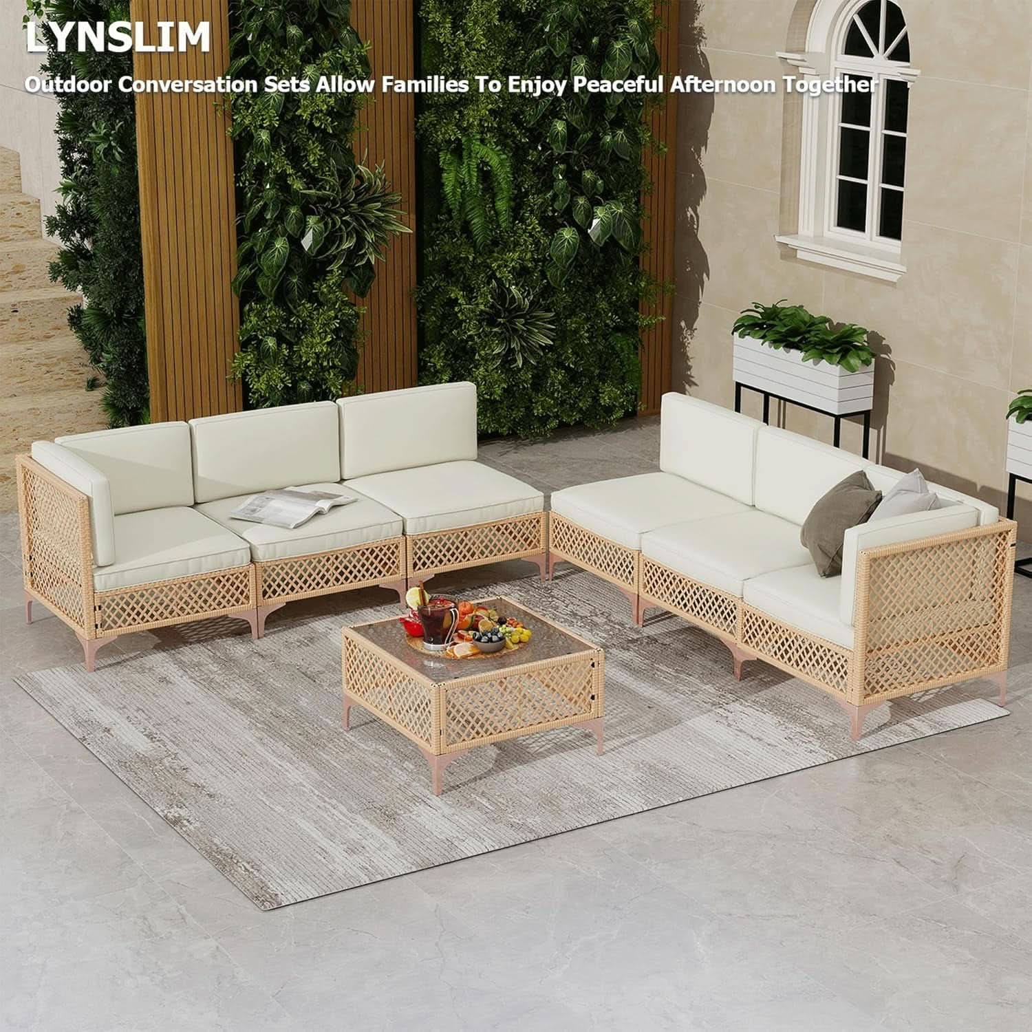 7 Piece Outdoor Wicker Sectional Set With Tempered Glass