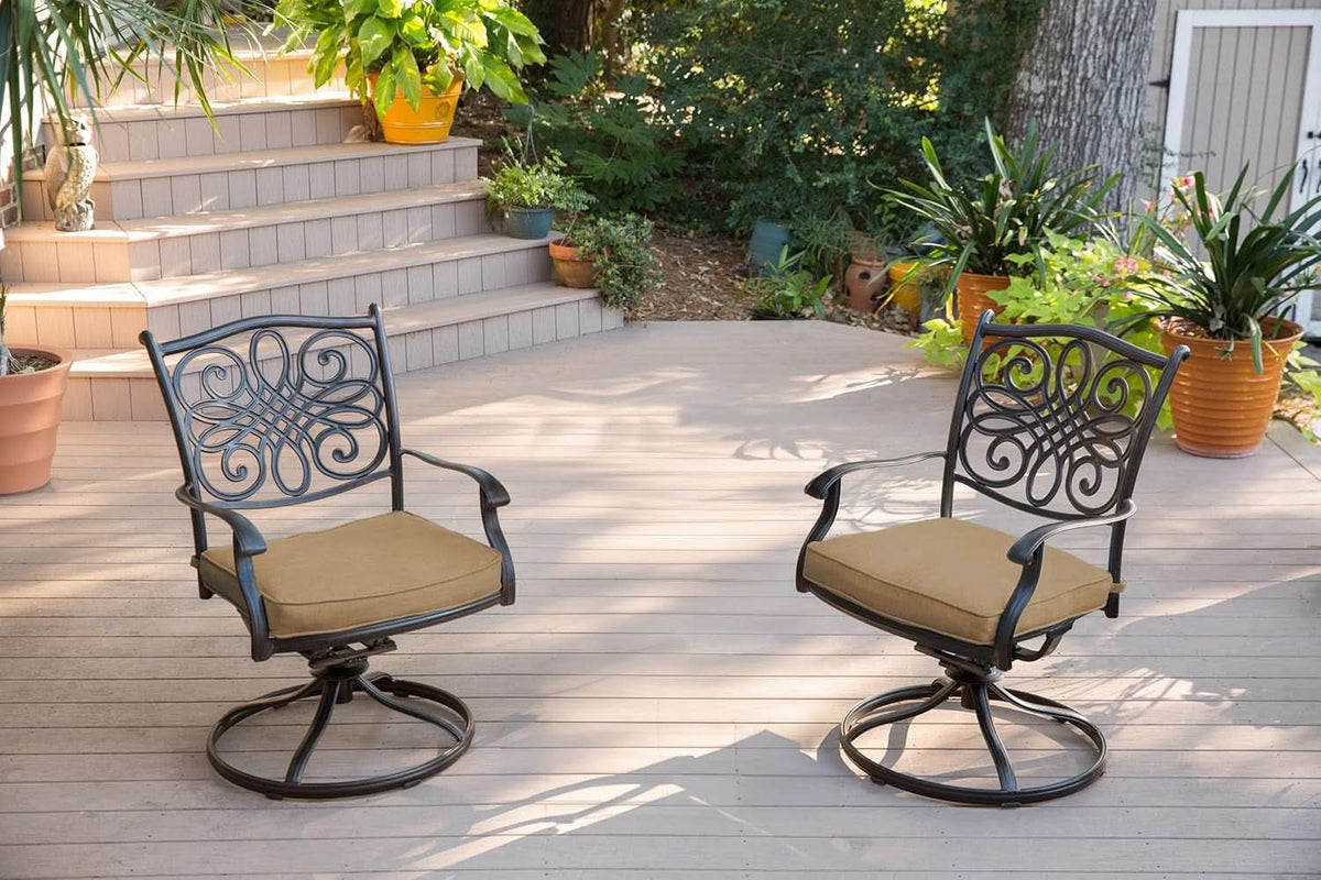 7 Piece Patio Dining Set 6 Swivel Chairs Tan Cushions 38x72