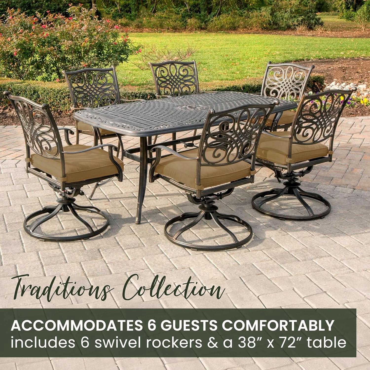 7 Piece Patio Dining Set 6 Swivel Chairs Tan Cushions 38x72