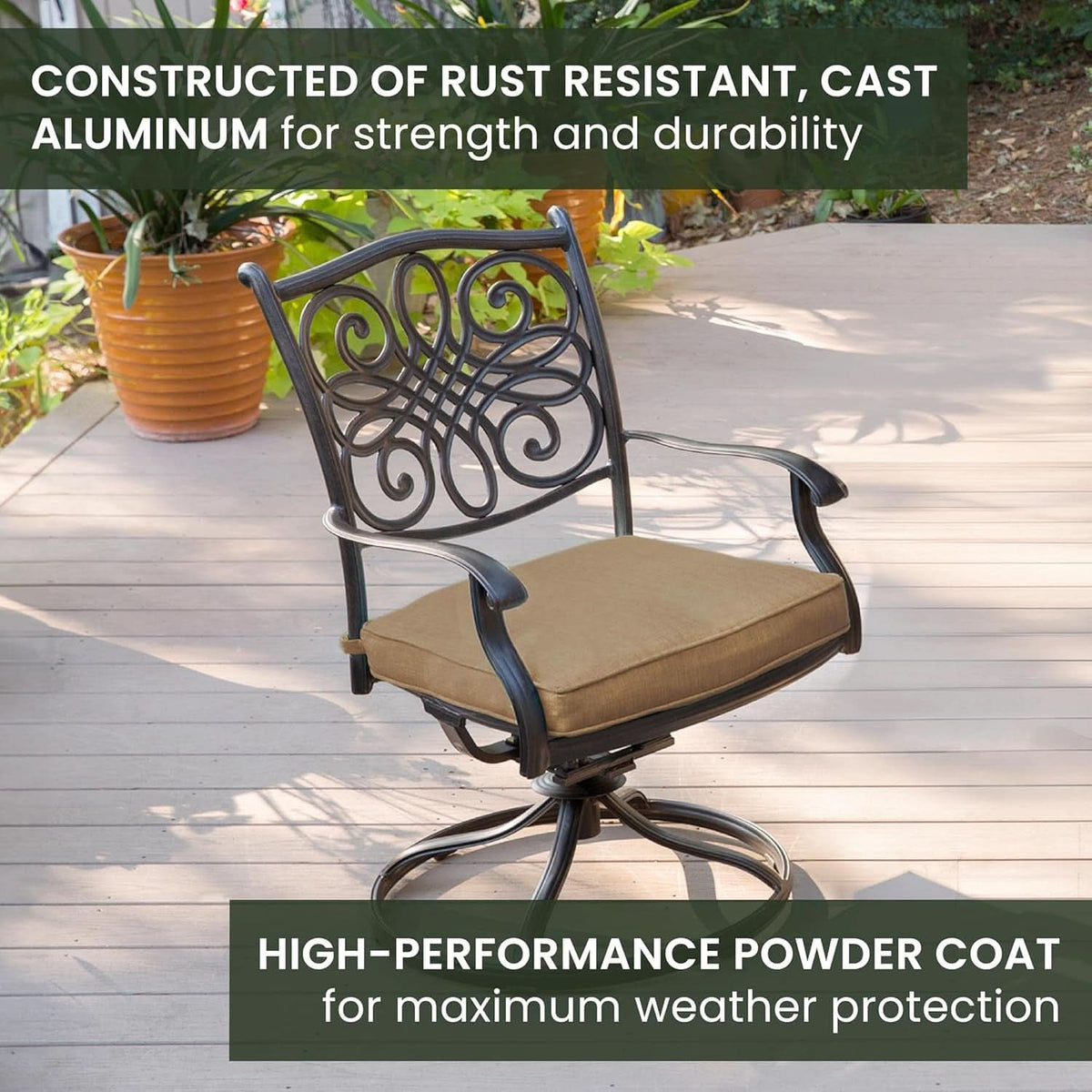 7 Piece Patio Dining Set 6 Swivel Chairs Tan Cushions 38x72