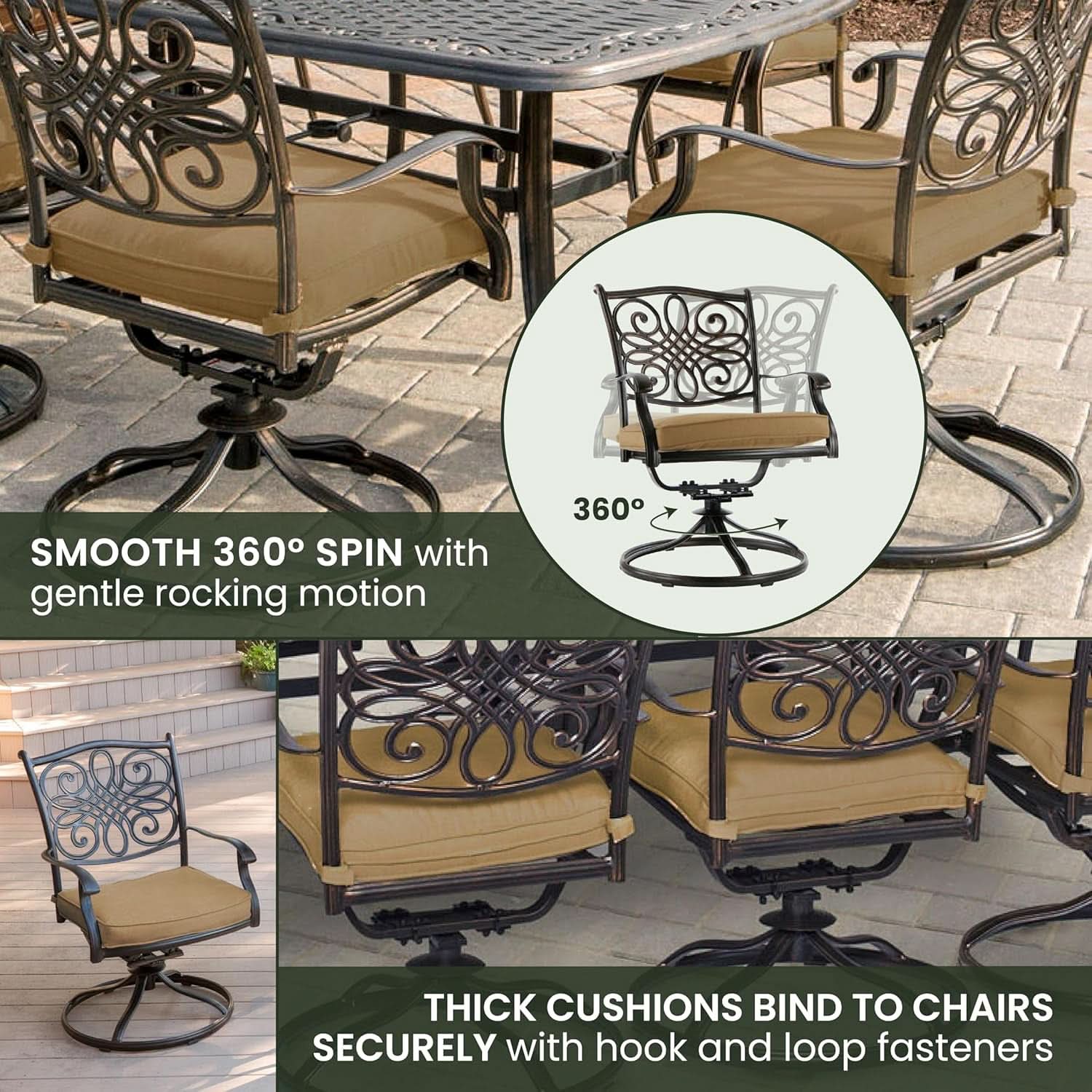 7 Piece Patio Dining Set 6 Swivel Chairs Tan Cushions 38x72