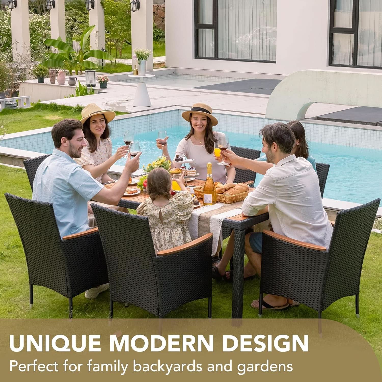 7 Piece Patio Dining Set Acacia Wood Table Black Rattan