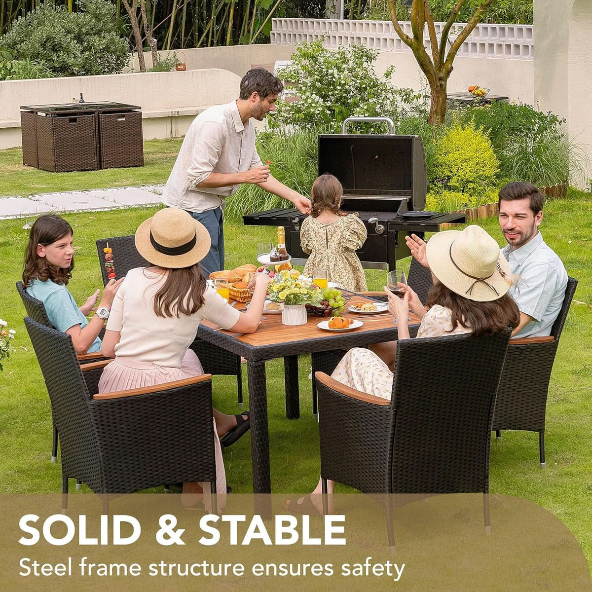 7 Piece Patio Dining Set Acacia Wood Table Black Rattan