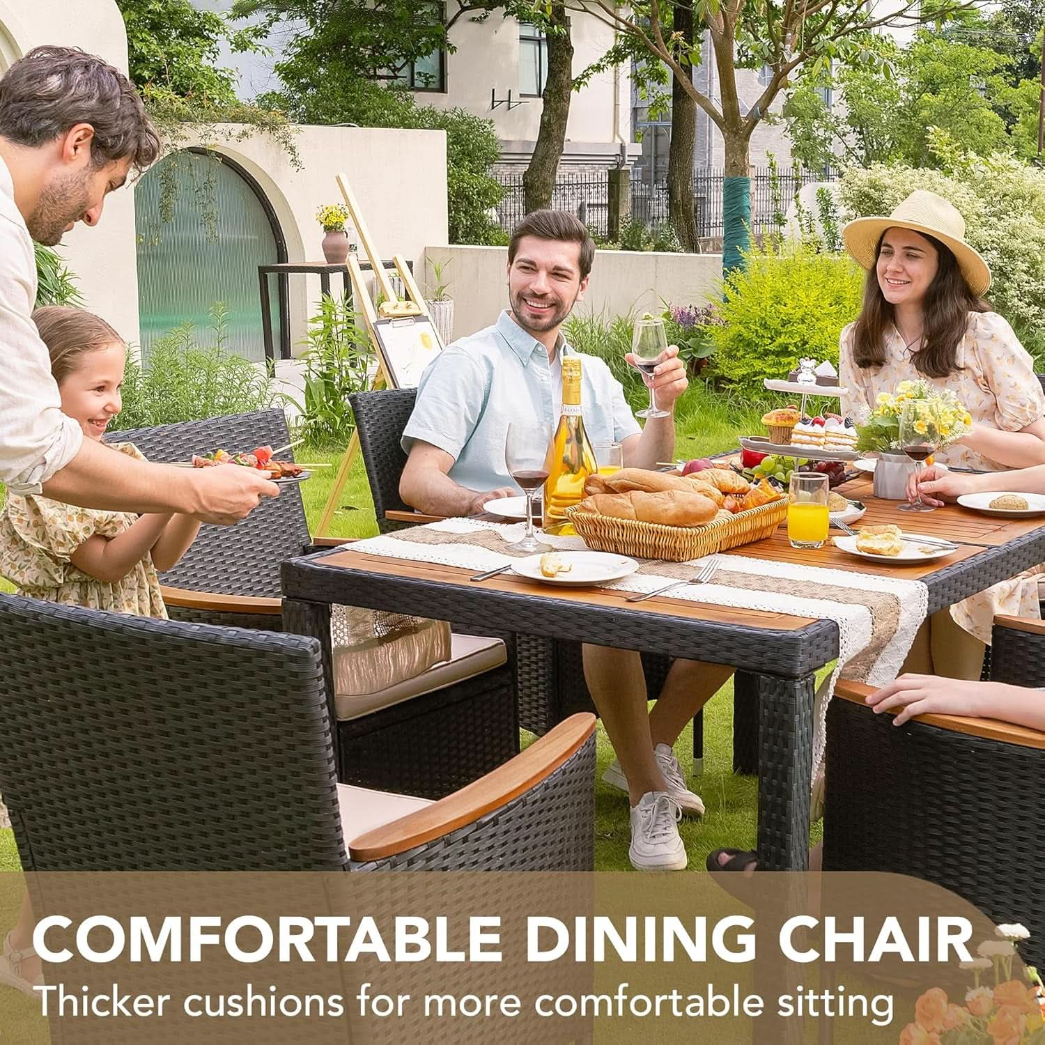 7 Piece Patio Dining Set Acacia Wood Table Black Rattan