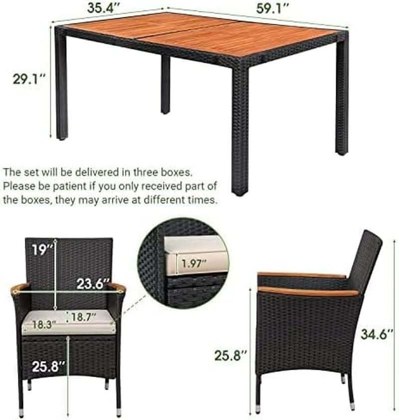7 Piece Patio Dining Set Acacia Wood Table Black Rattan