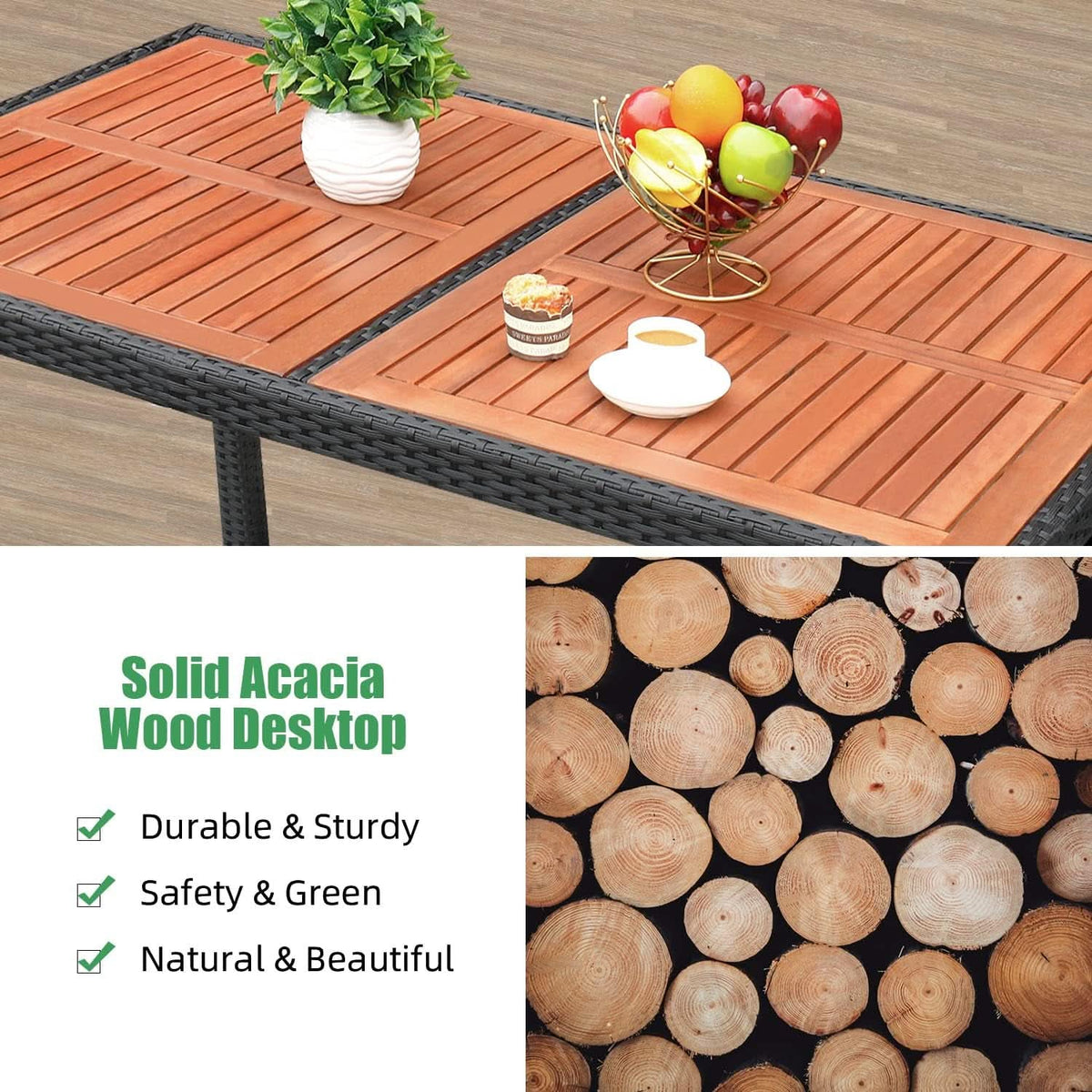7 Piece Patio Dining Set Acacia Wood Table Wicker Chairs