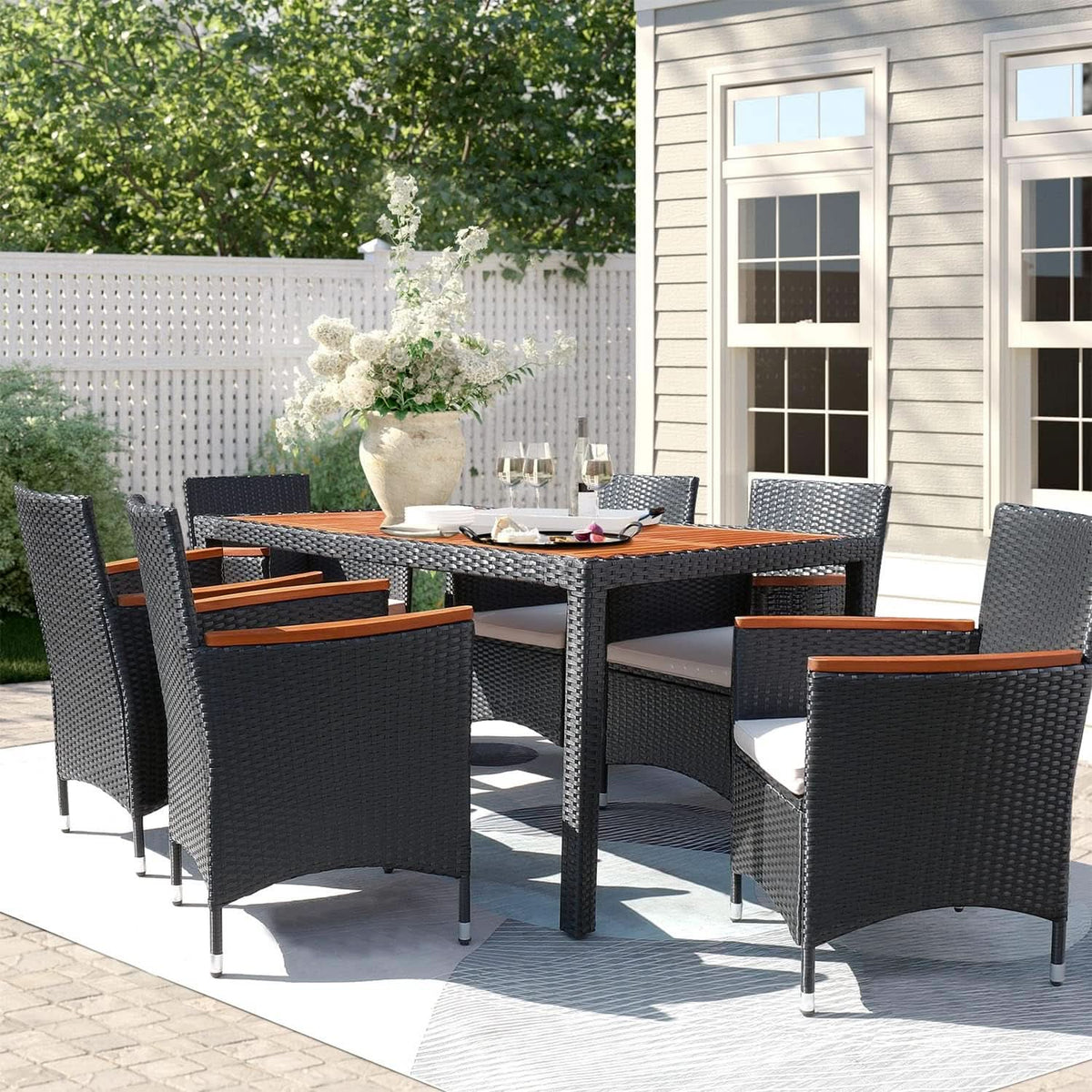 7 Piece Patio Dining Set Acacia Wood Table Wicker Chairs