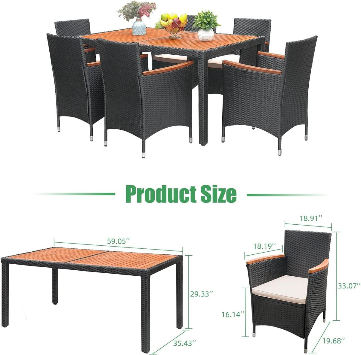 7 Piece Patio Dining Set Acacia Wood Table Wicker Chairs