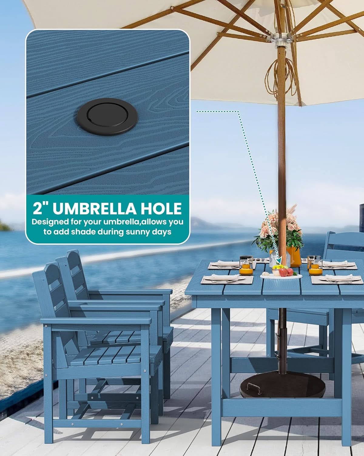 7 Piece Patio Dining Set Outdoor HDPE Table Blue Chairs
