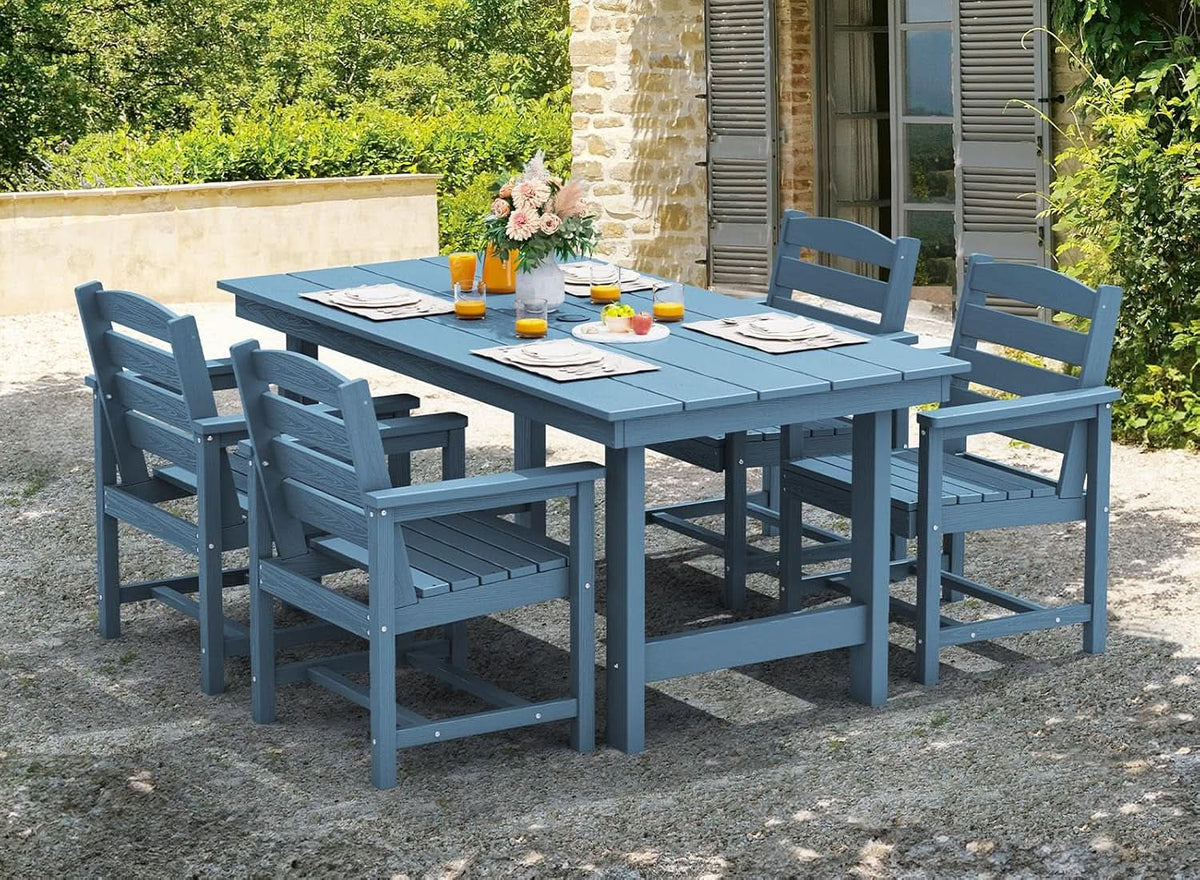 7 Piece Patio Dining Set Outdoor HDPE Table Blue Chairs
