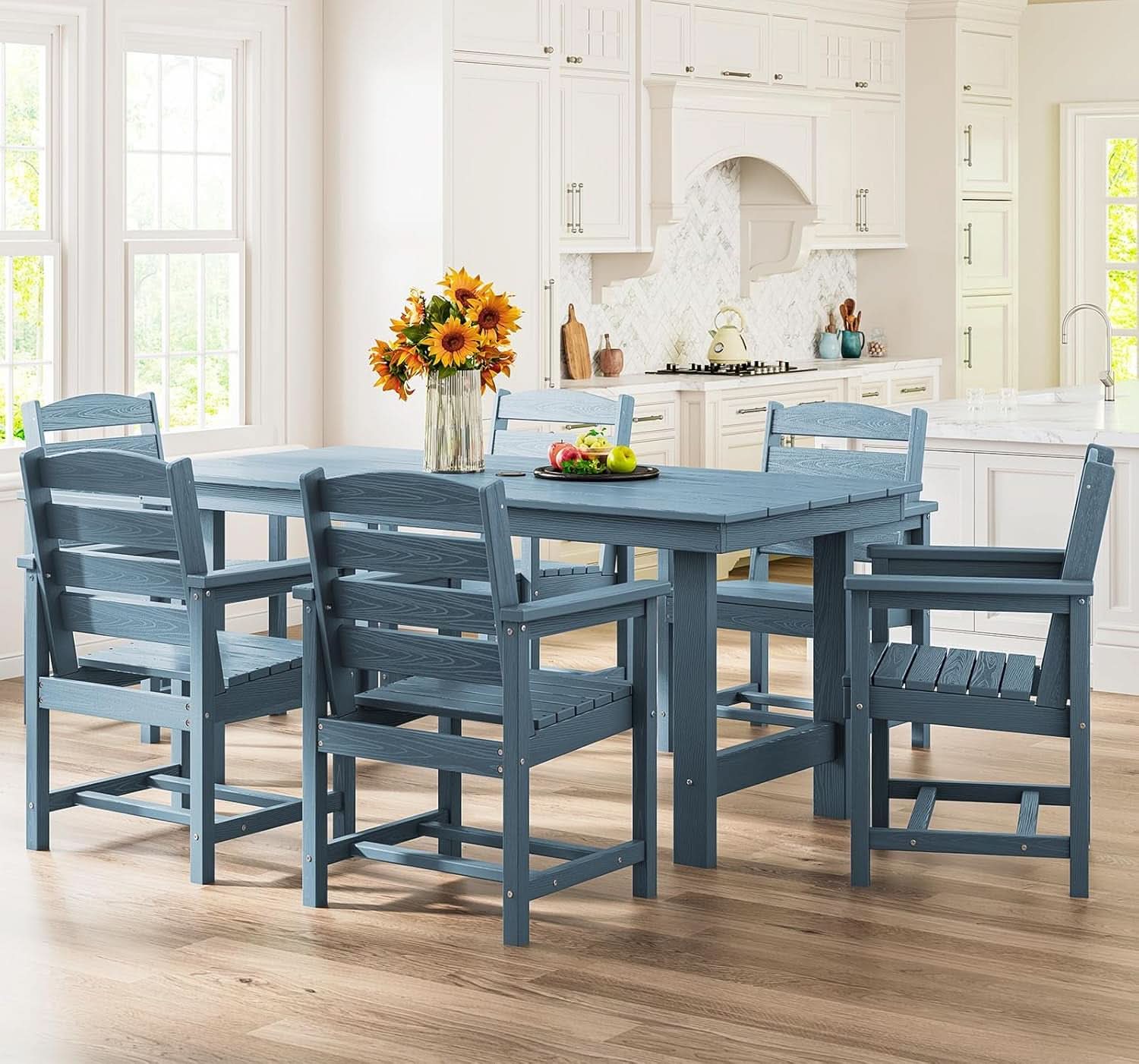 7 Piece Patio Dining Set Outdoor HDPE Table Blue Chairs