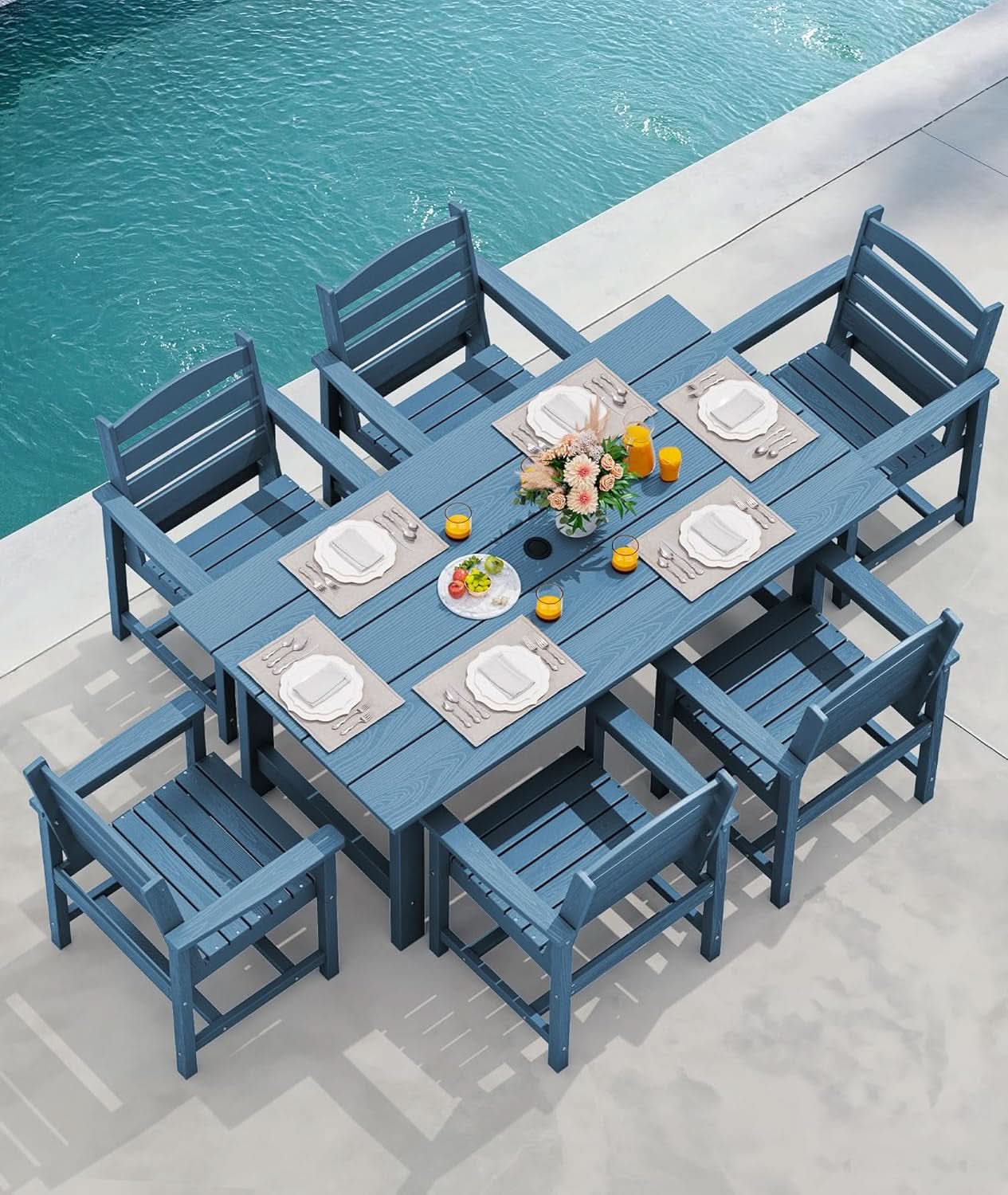 7 Piece Patio Dining Set Outdoor HDPE Table Blue Chairs