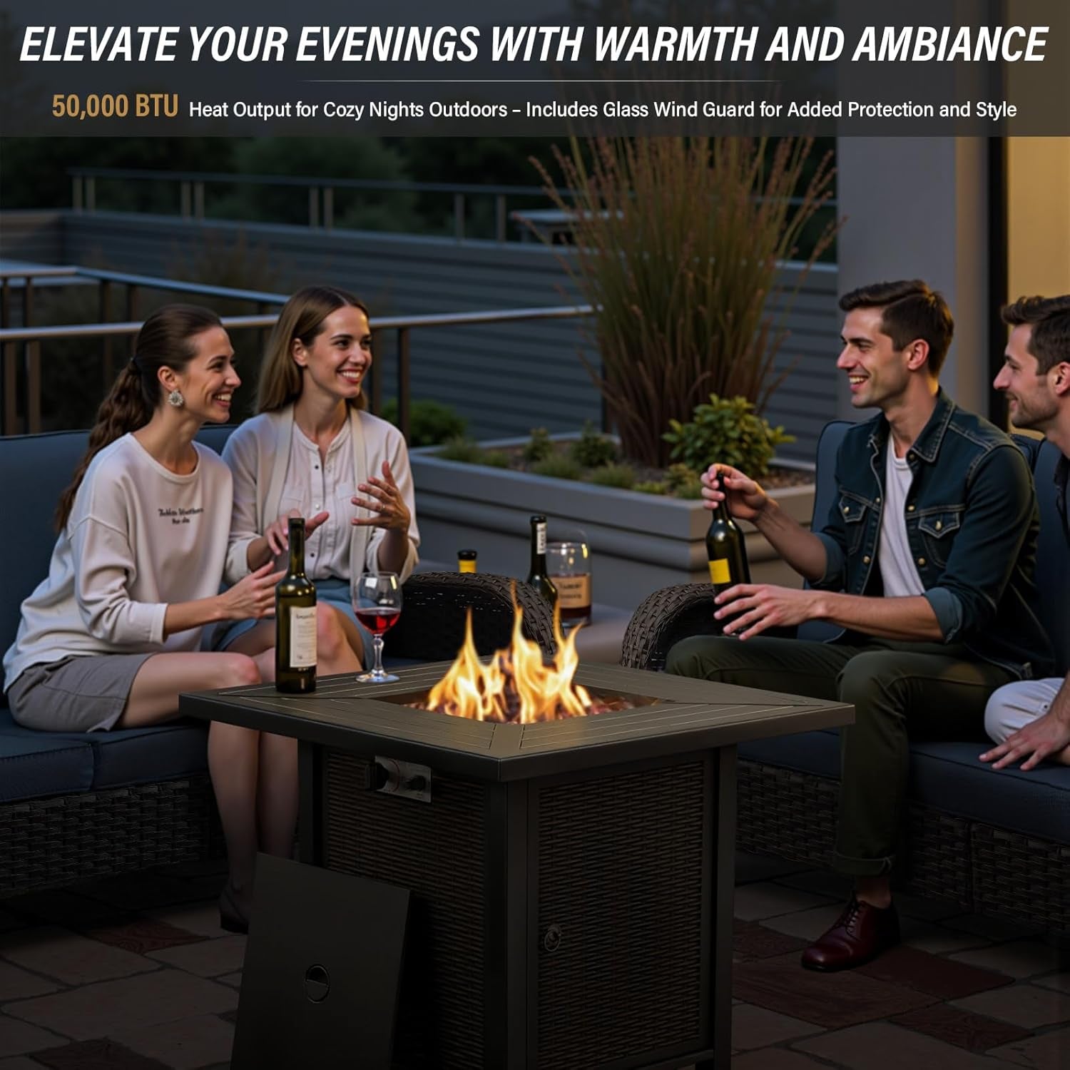 7 Piece Patio Furniture Set With Fire Pit Table And 4 Swivel Chairs