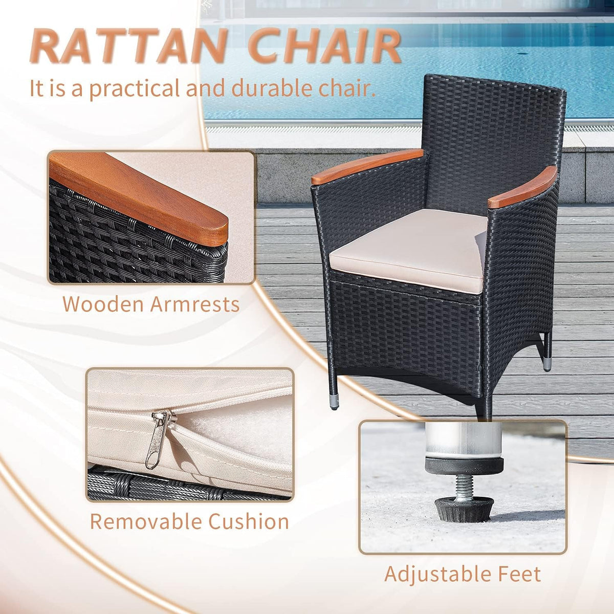 7 Piece Rattan Outdoor Dining Set With Wood Table Top