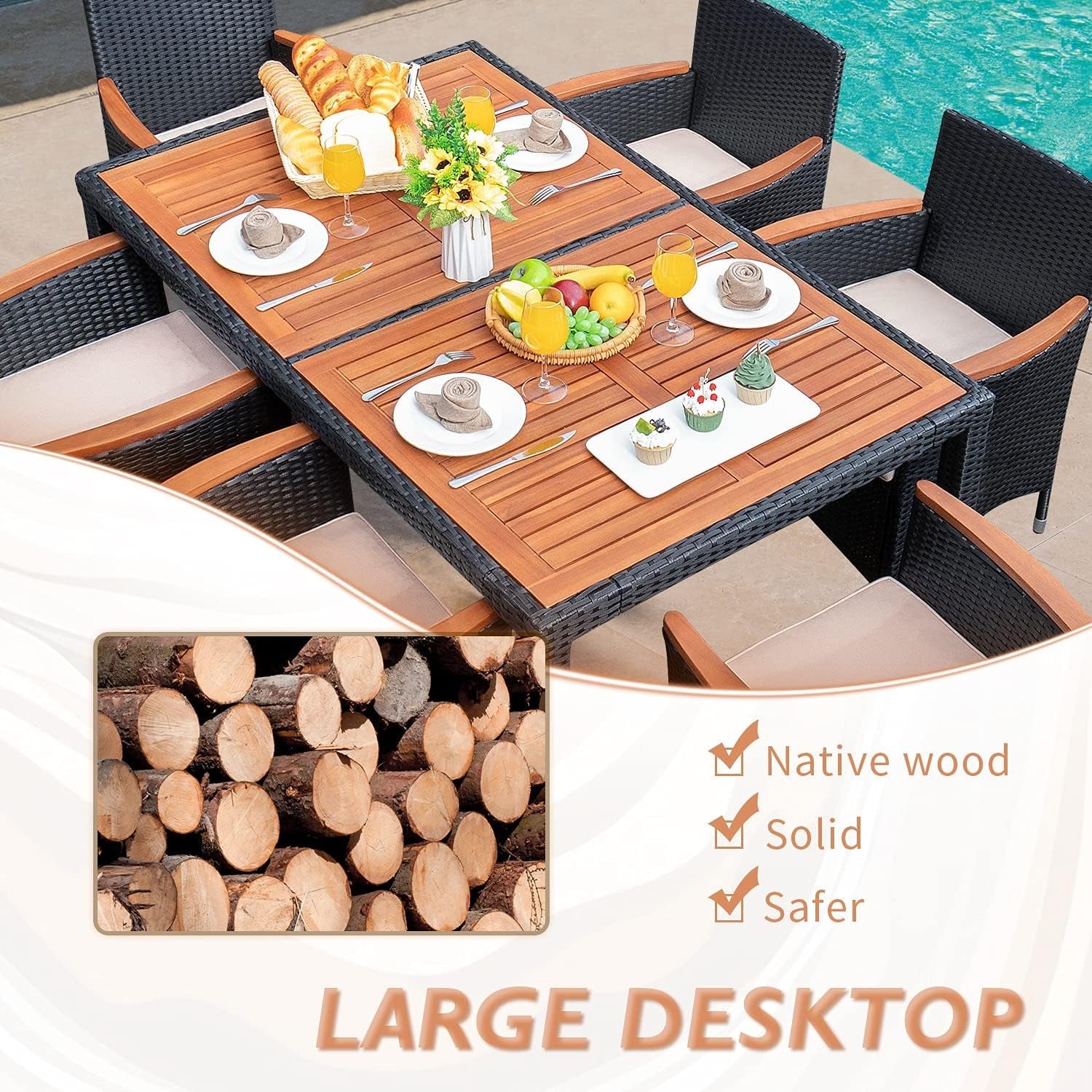 7 Piece Rattan Outdoor Dining Set With Wood Table Top