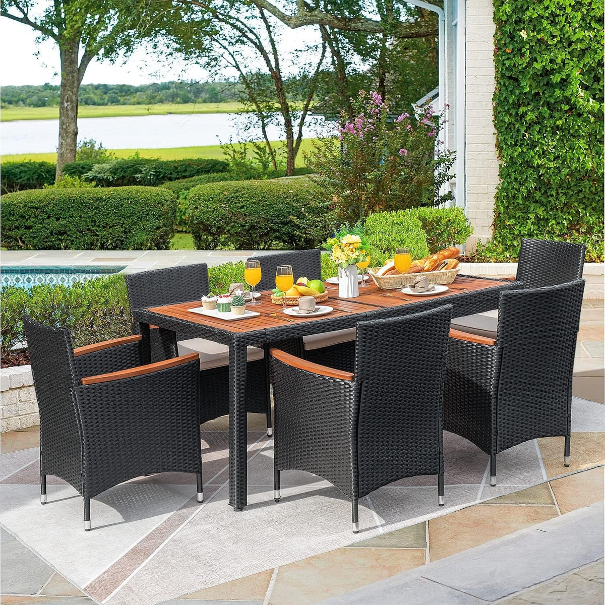 7 Piece Rattan Outdoor Dining Set With Wood Table Top