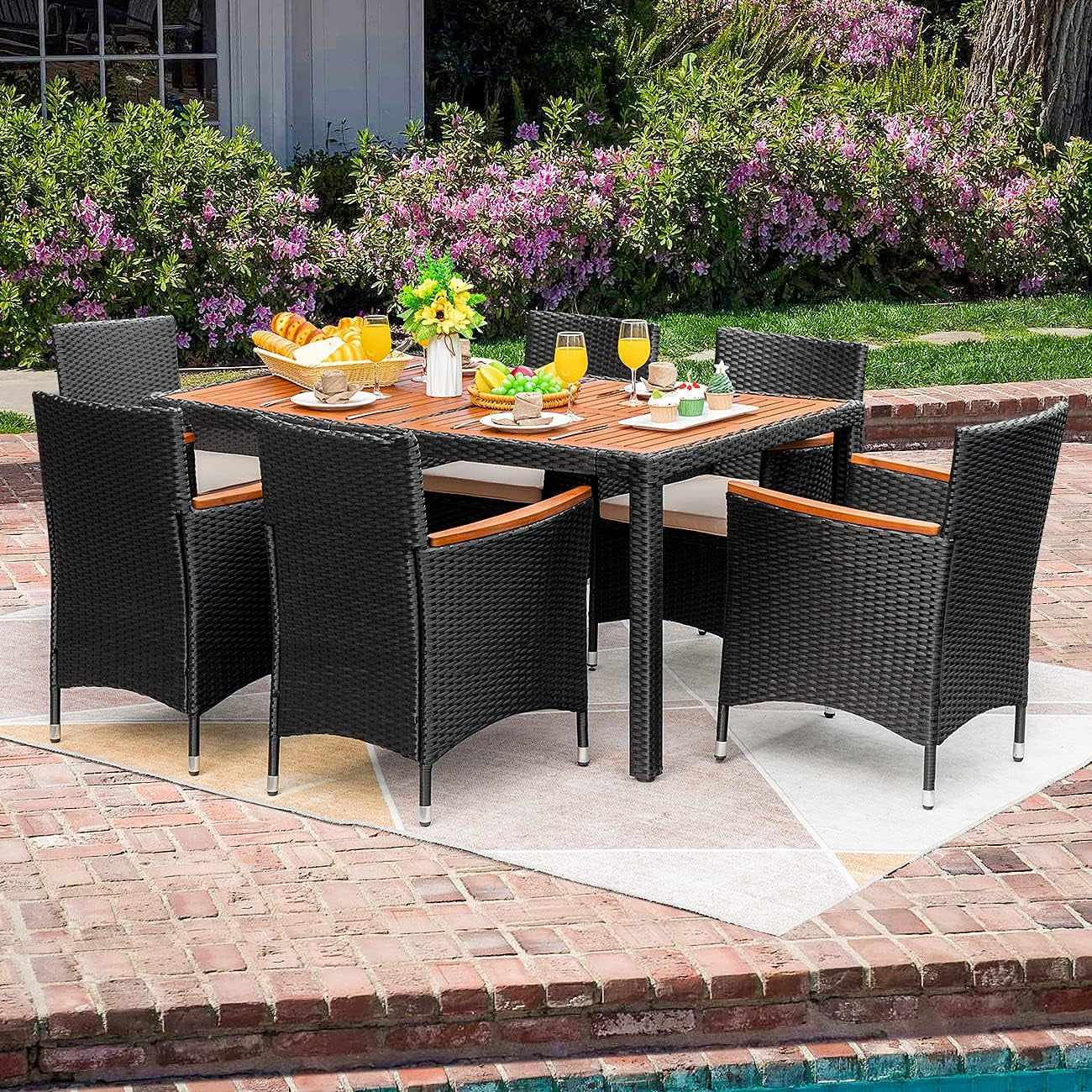 7 Piece Rattan Outdoor Dining Set With Wood Table Top