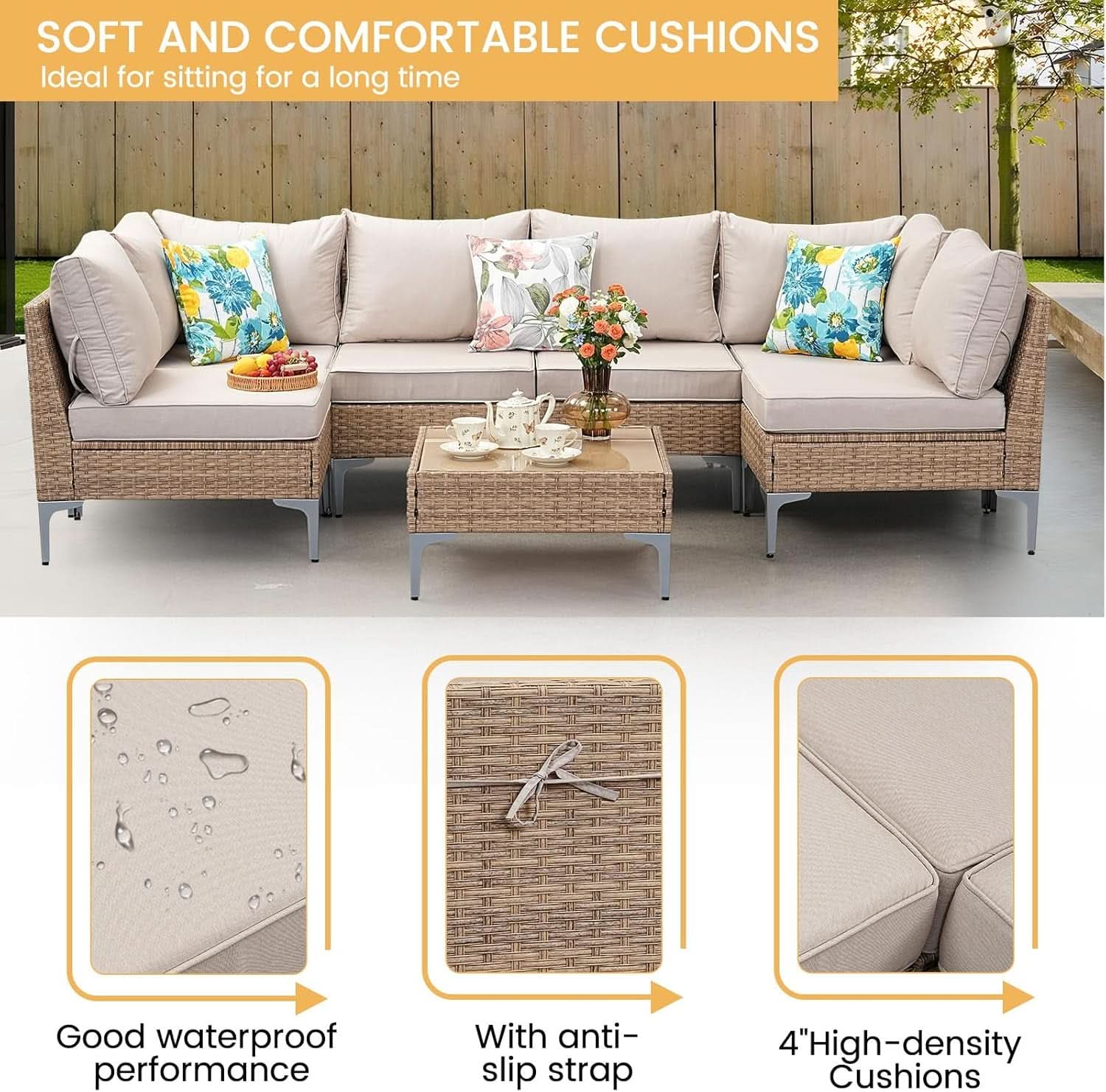 7 Piece Wicker Patio Furniture Set with Thick Cushions