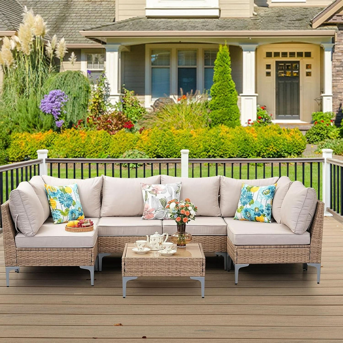 7 Piece Wicker Patio Furniture Set with Thick Cushions