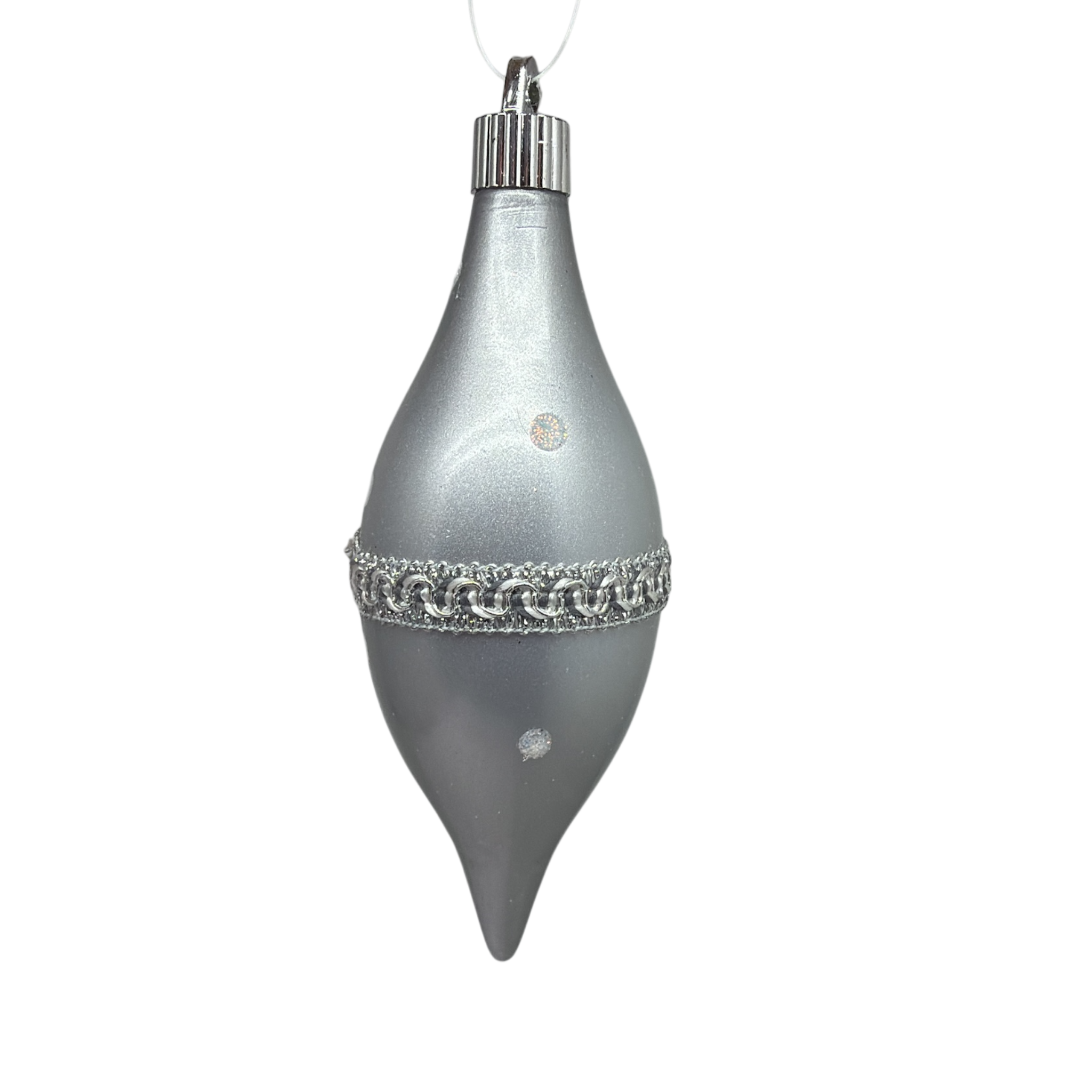7" Shatterproof Smooth Finial Ornament – Candy Silver With Silver Braid and Dots