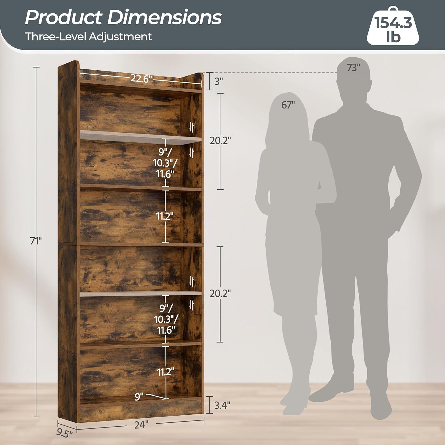 7 Tier Open Bookcase Rustic Brown Floorstanding Storage