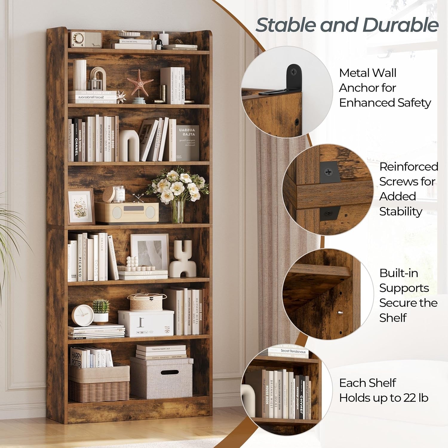 7 Tier Open Bookcase Rustic Brown Floorstanding Storage