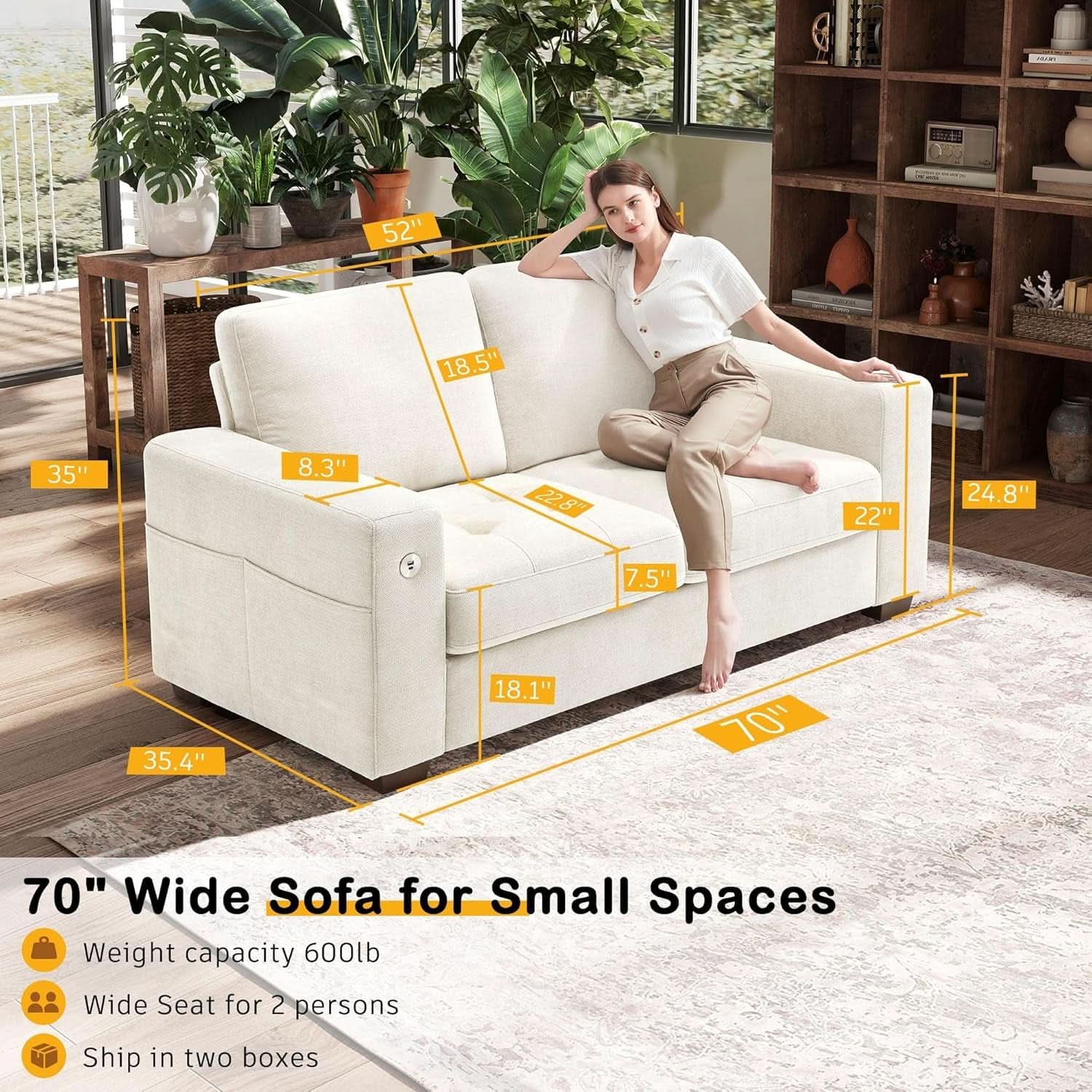 70 Inch Beige Loveseat With USB Type C Ports Living Room