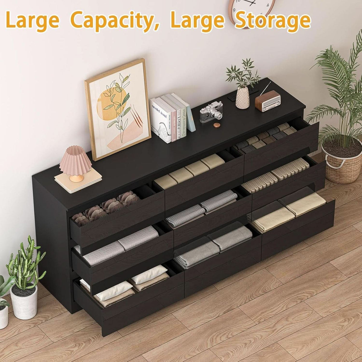 70 Inch Black Dresser With Built In Power Outlets Storage