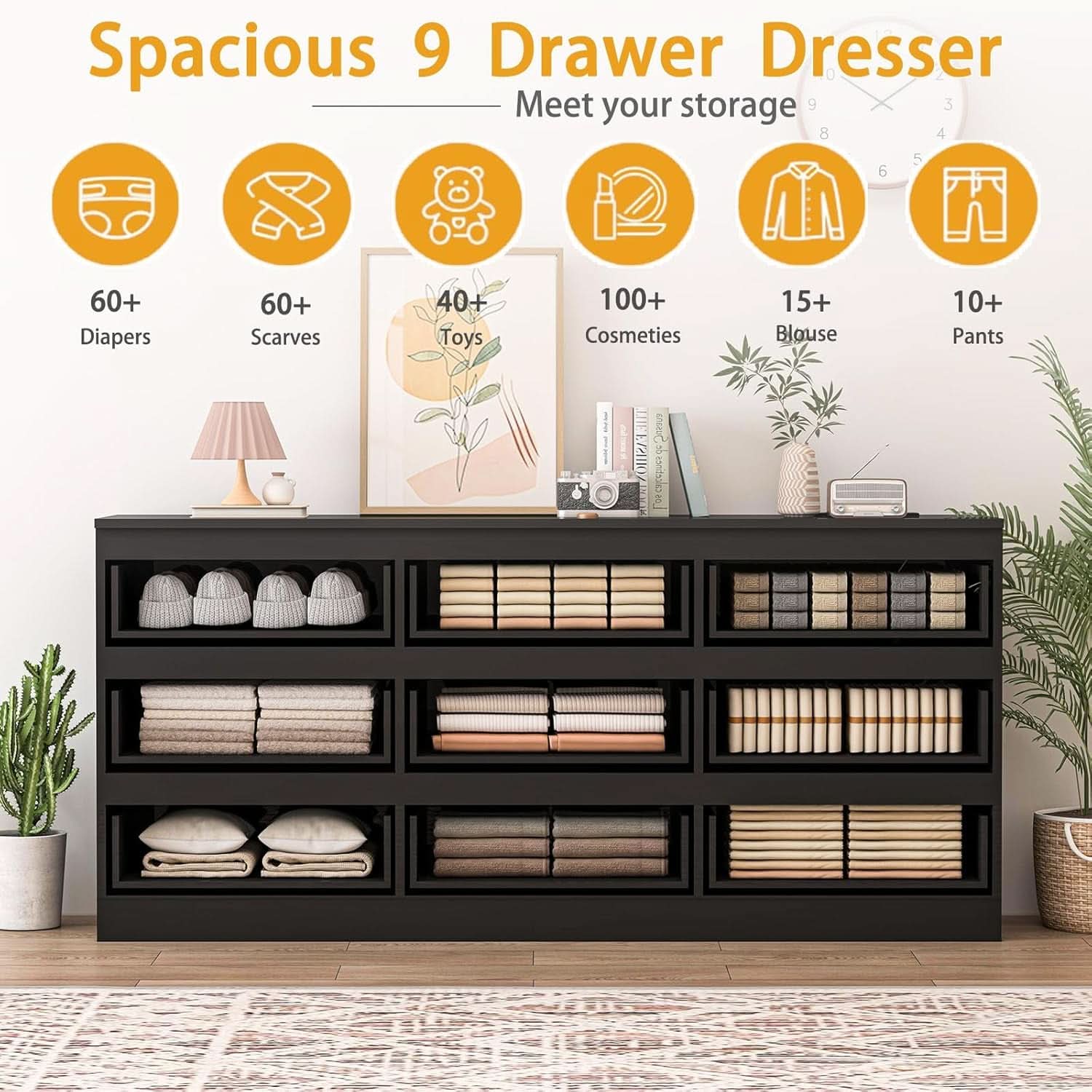 70 Inch Black Dresser With Built In Power Outlets Storage