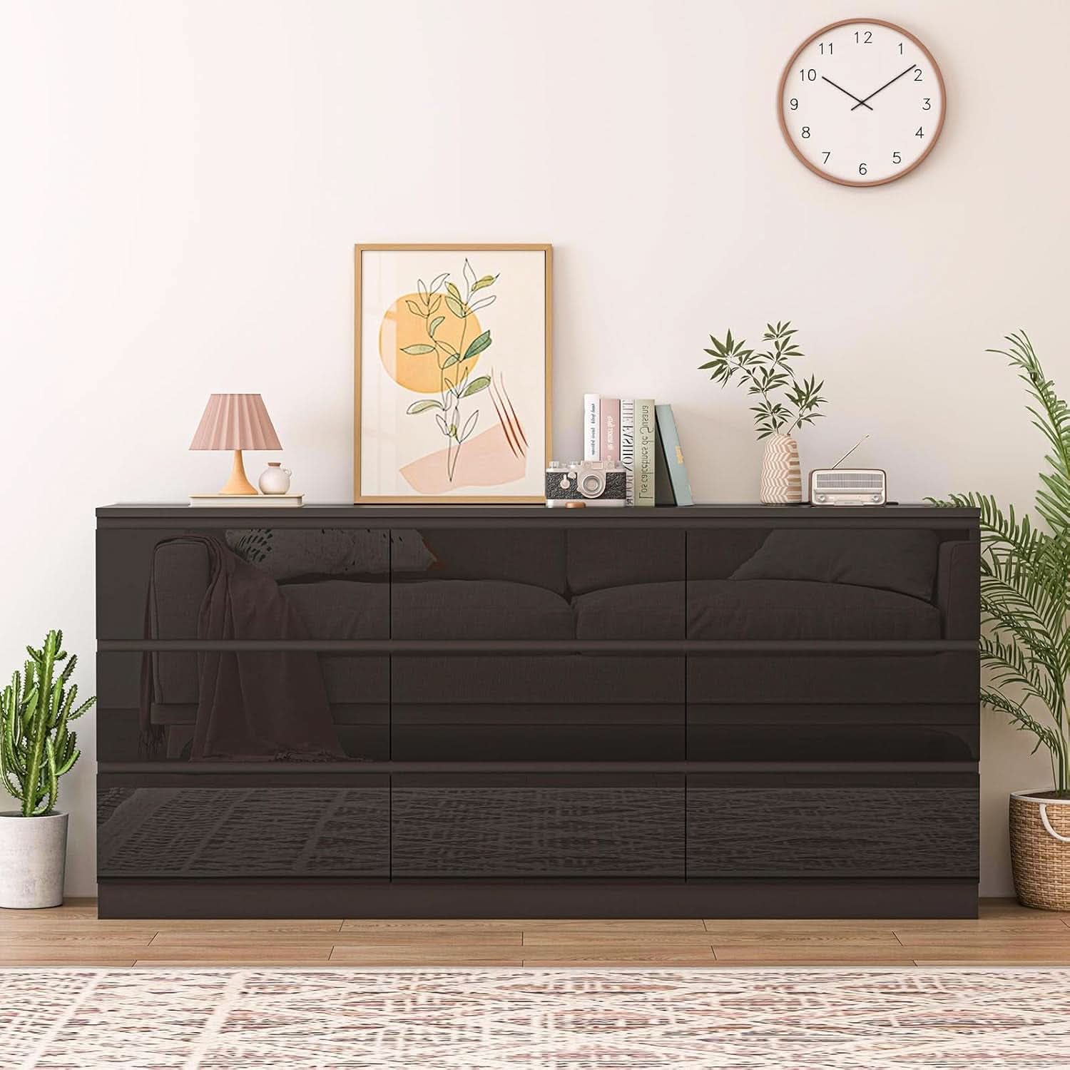 70 Inch Black Dresser With Built In Power Outlets Storage