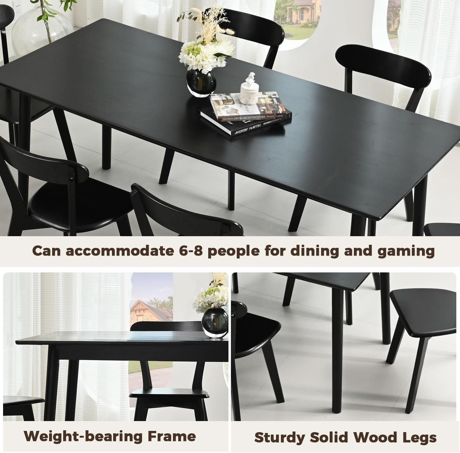 70 Inch Black Solid Oak Dining Table For 6 To 8 People