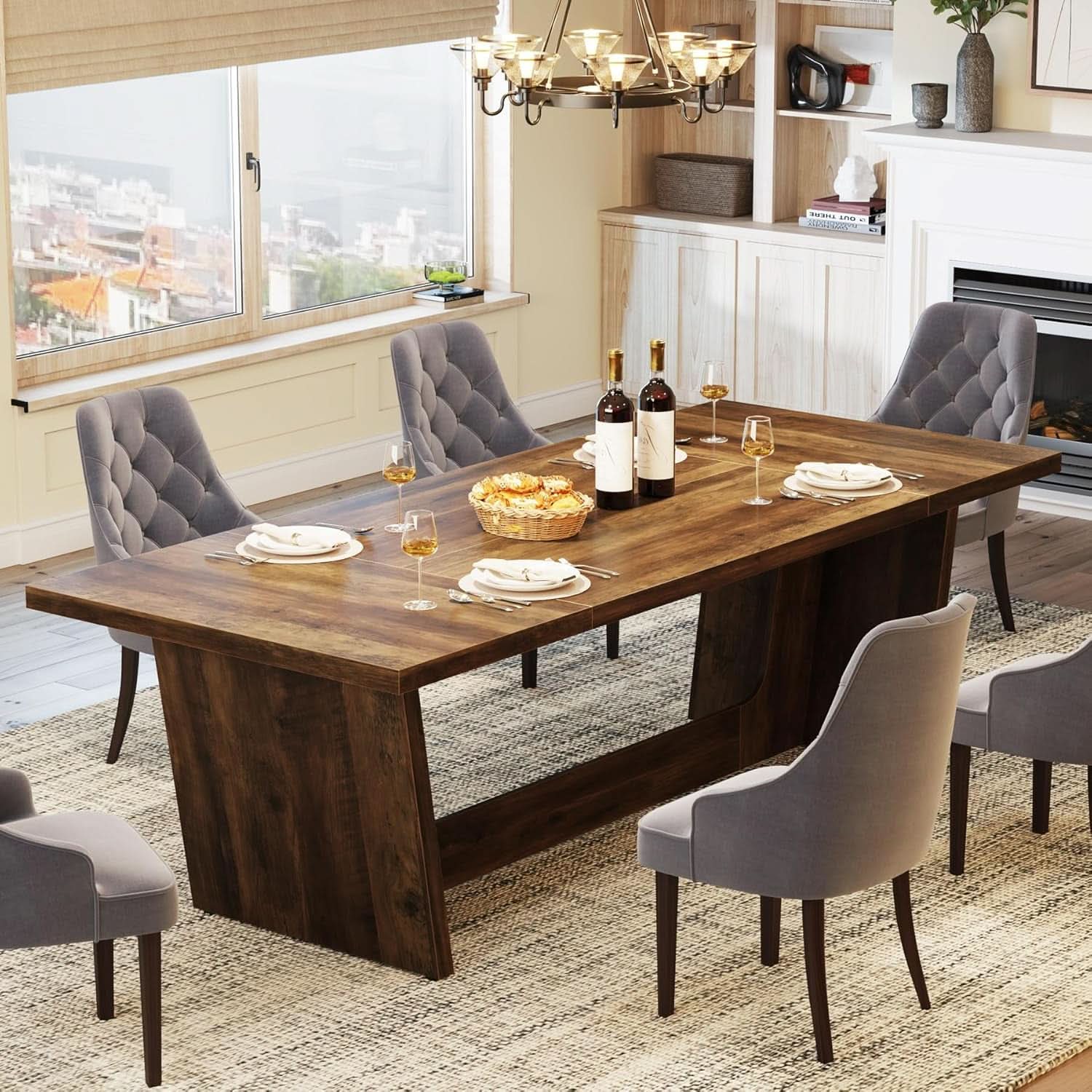 70 Inch Brown Solid Wood Rectangular Dining Table Seats Six