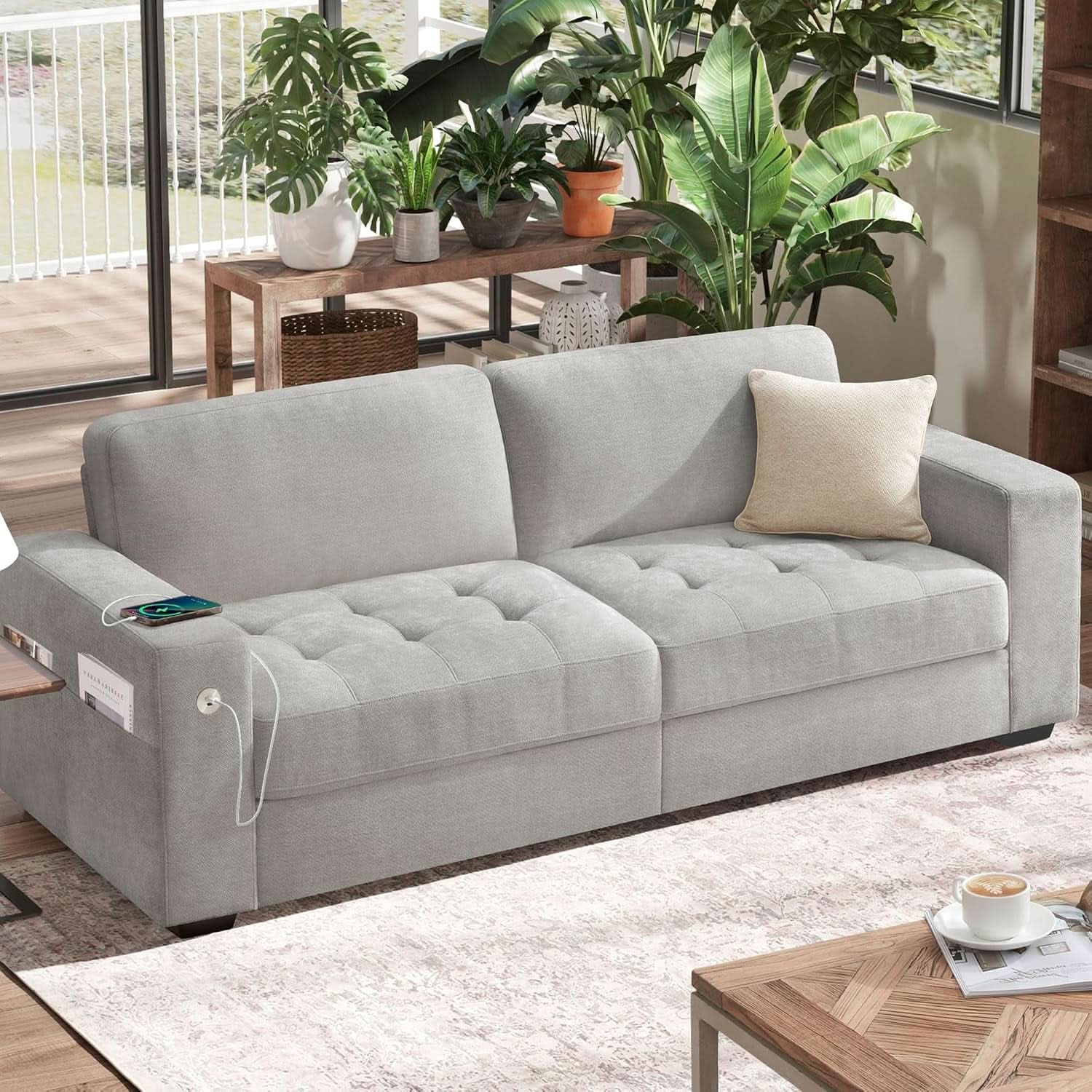 70 Inch Gray Chenille Loveseat With USB C Ports And Plush Cushions