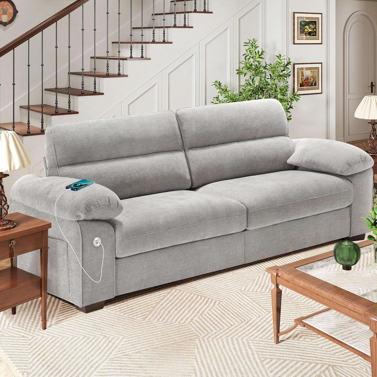 70 Inch Gray Chenille Loveseat With USB C Ports And Plush Cushions